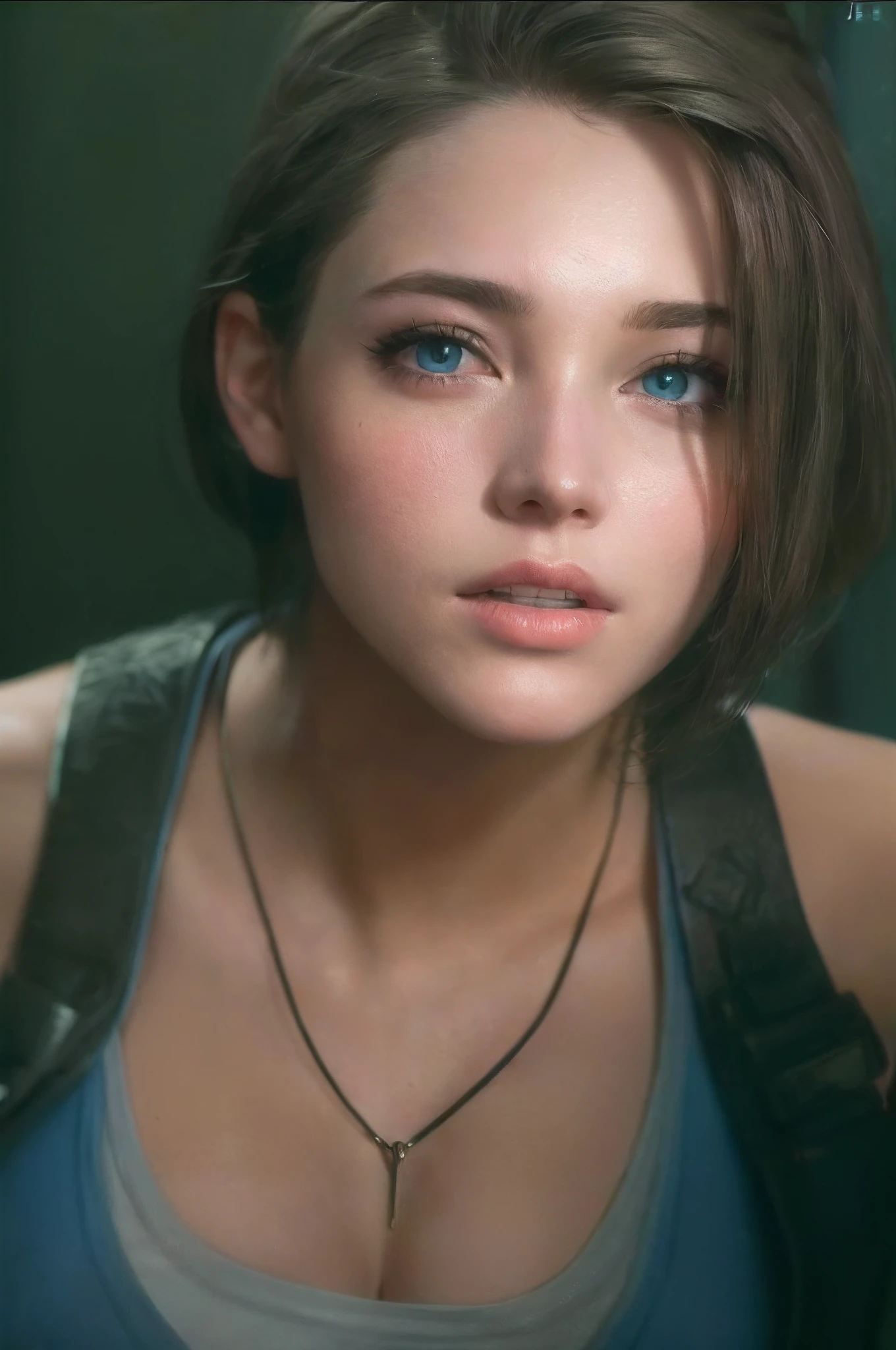 JILL VALENTINE, close up, cabelo castanho, usando um tomara que caia azul, usando luvas pretas, tired expression, corpo perfeito, textura ultra realista