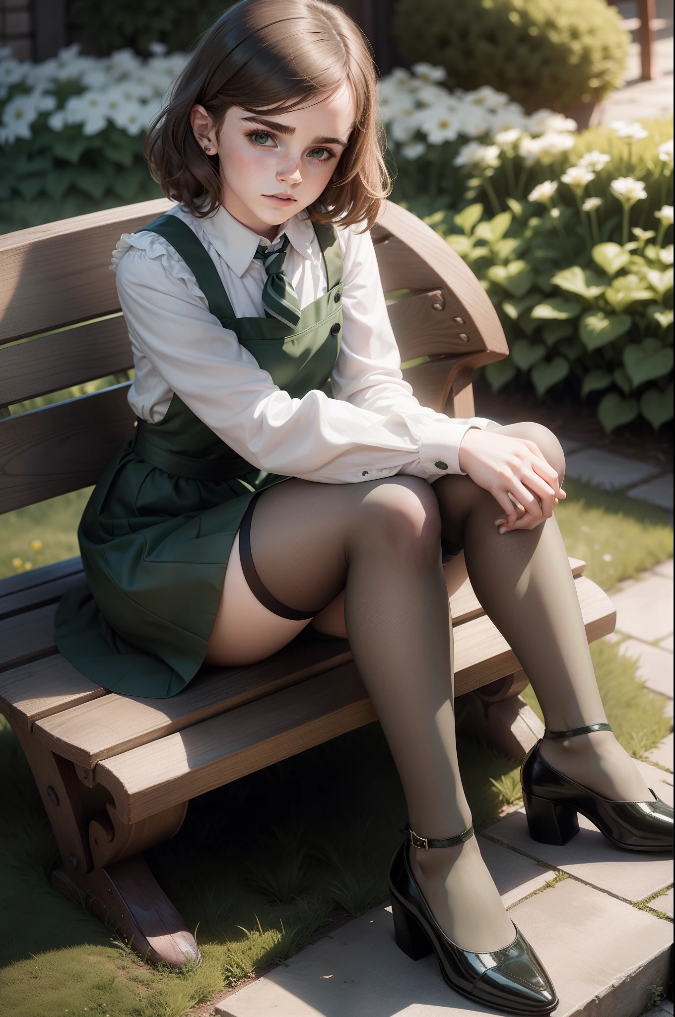 teen Emma Watson dressed in dark green pinafore dress, white blouse, fishnet stockings, dark green striped school tie, high heel shoes, sitting on a garden bench reading a book