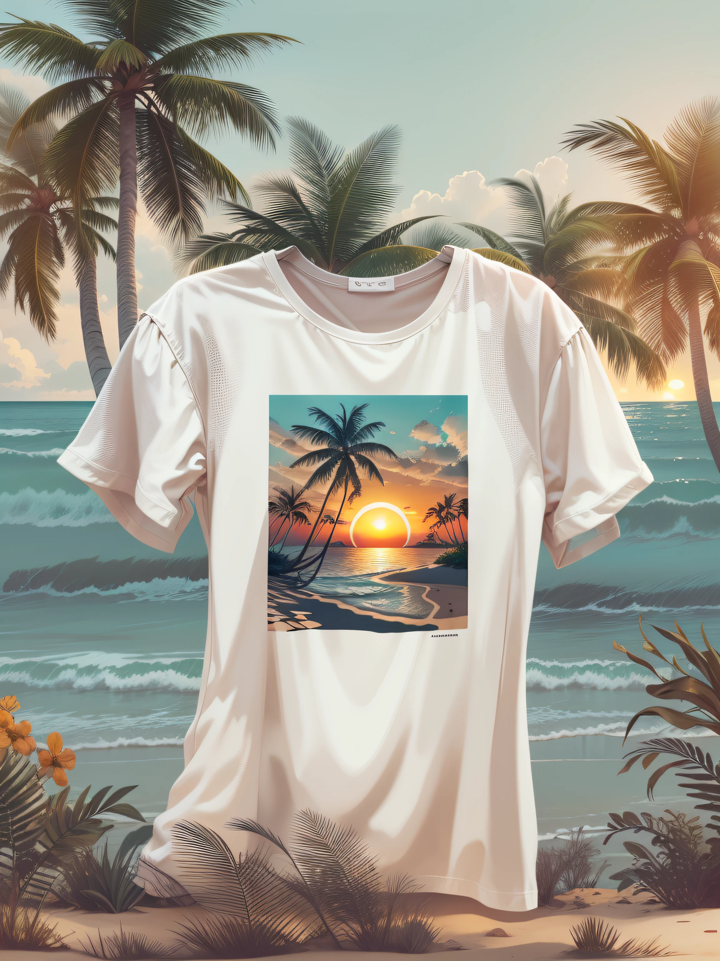 "vector image for t-shirt print, white background, realistic style, vibrant colors, surf beach with coconut trees, sunset in the distance"
