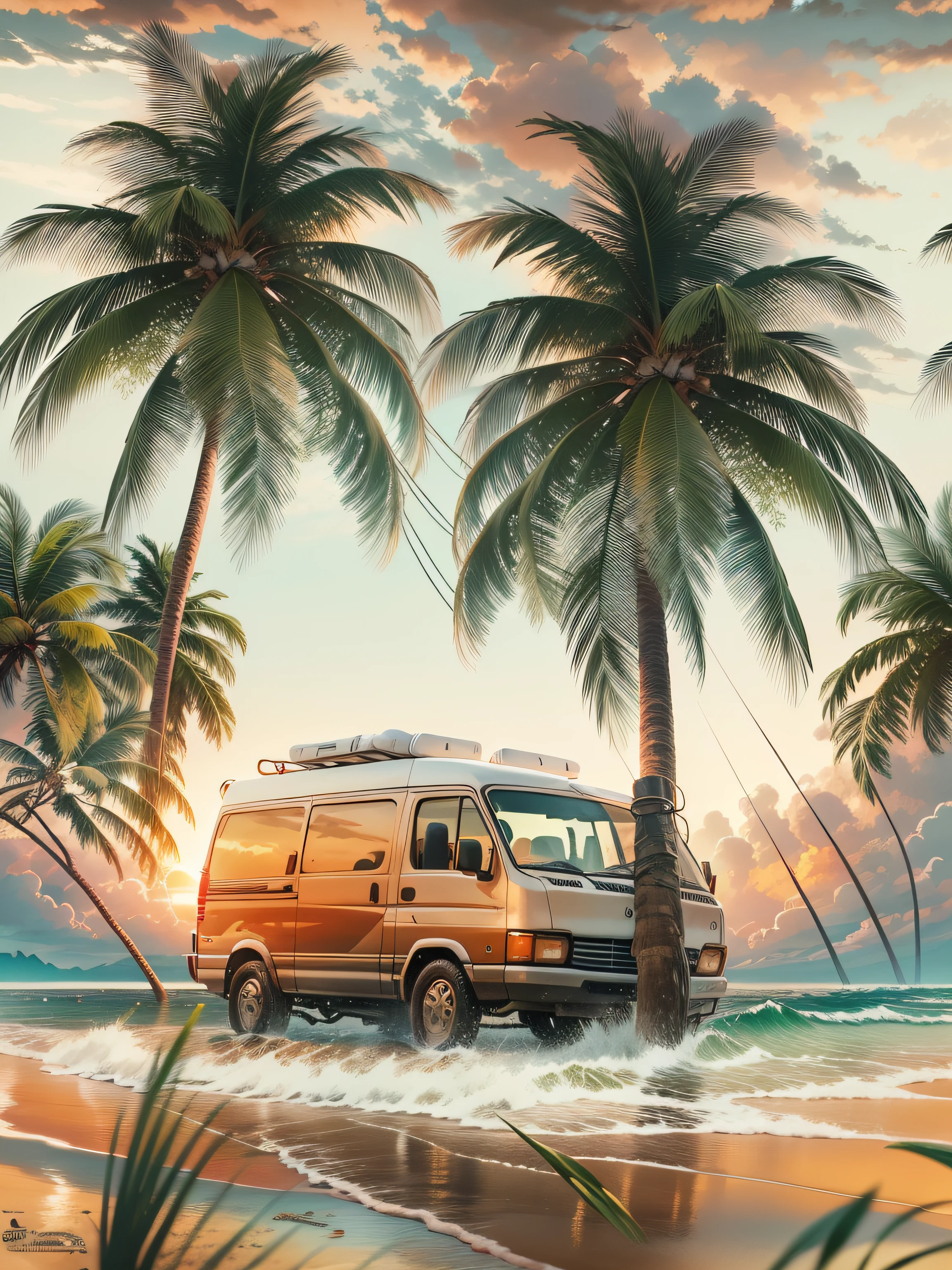 "vector image for t-shirt print, white background, realistic style, vibrant colors, surf beach with coconut trees, sunset in the distance"