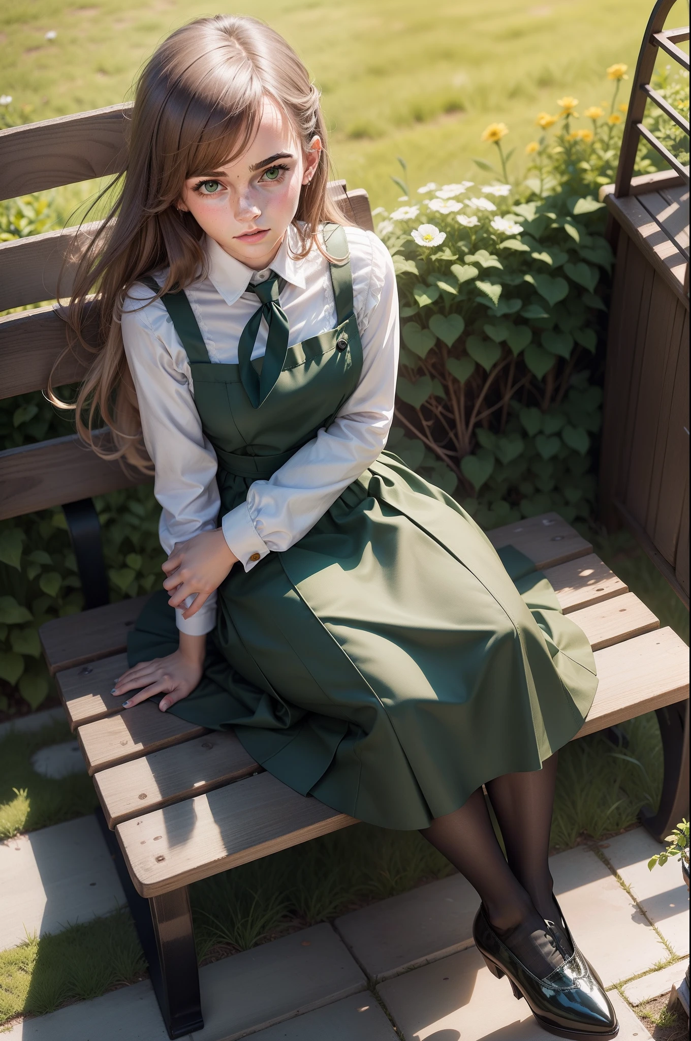 Emma Watson dressed in dark green pinafore dress, white blouse, fishnet stockings, dark green striped school tie, high heel shoes, sitting on a garden bench reading a book