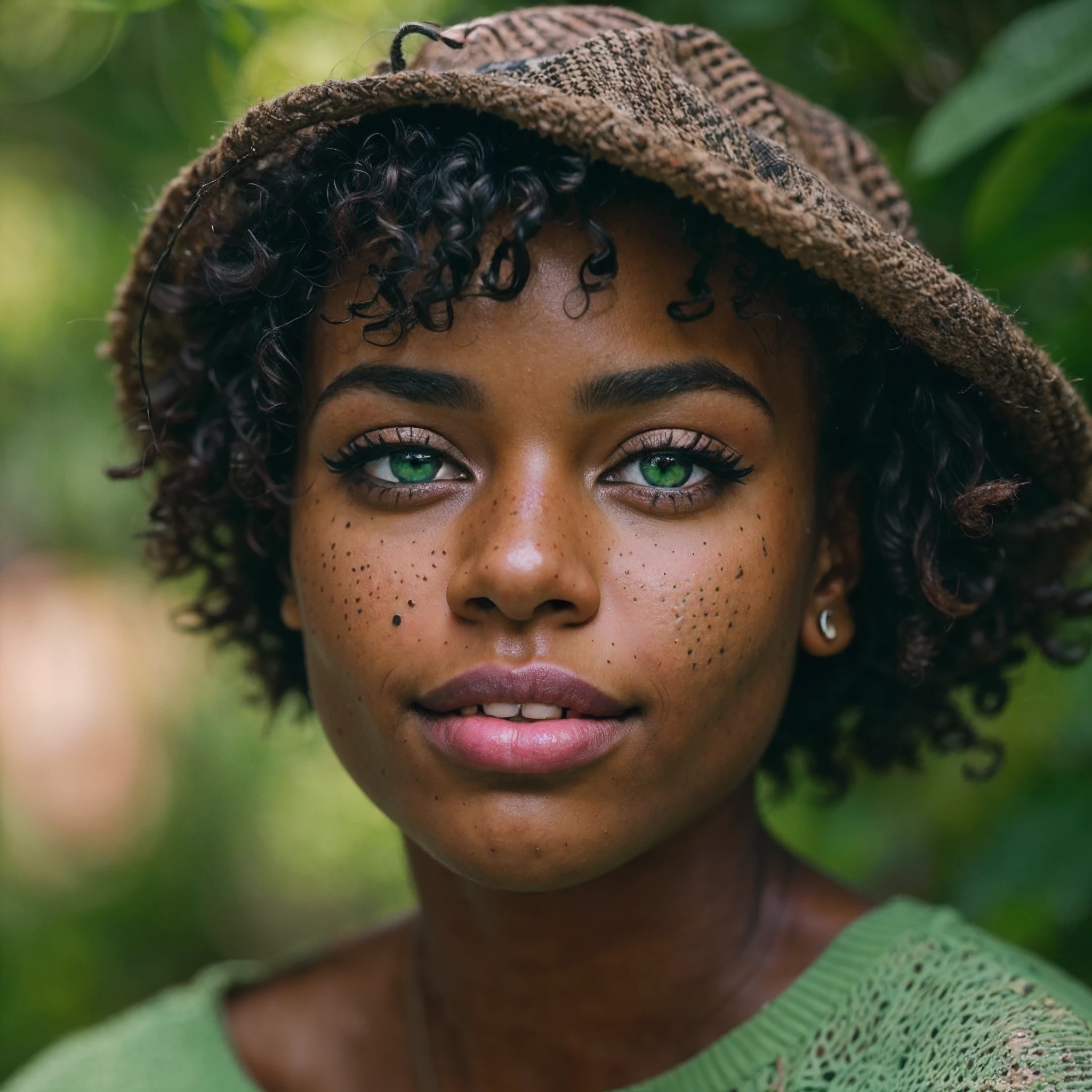 (masterpiece, 8k, realistic photograph, colour graded, shallow black, shallow depth of field, natural look, detailed eyes, defined facial features, captivating), A candid closeup portrait of a beautiful black mixed woman, ((dark skin)), natural green eyes, straight teeth, short hair, modern makeup, freckles, modern background, she's wearing summer clothes