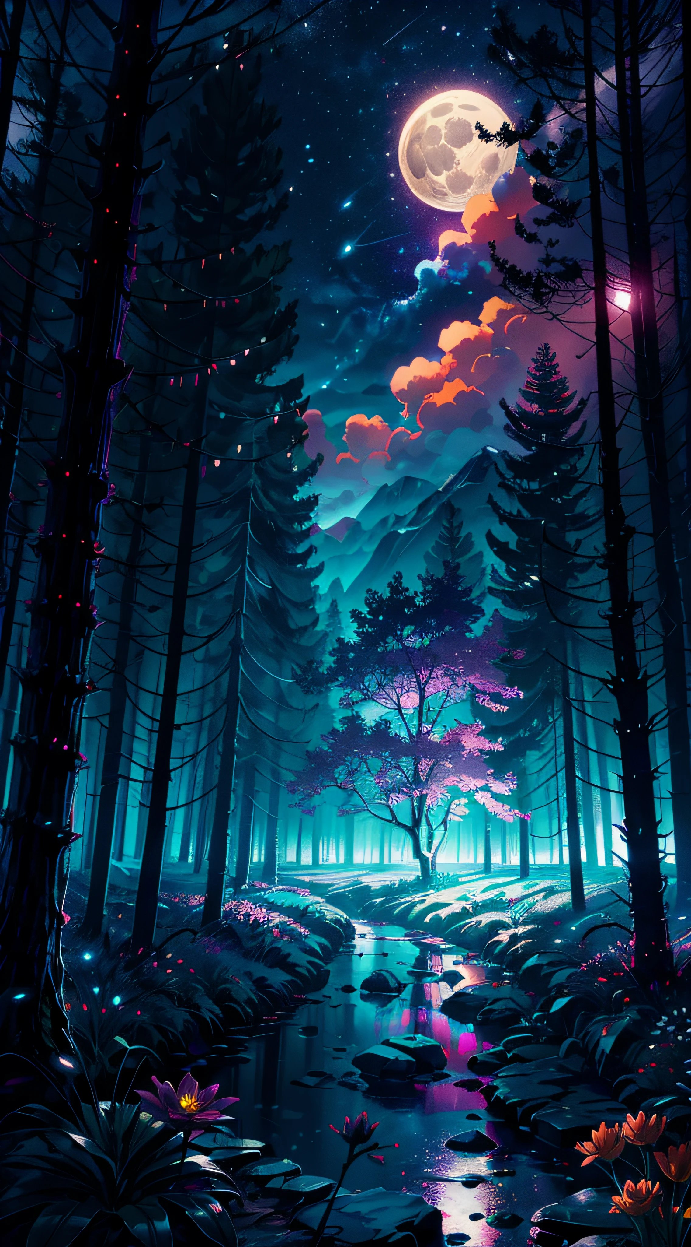 A wide landscape photo, (viewed from below, the sky is above, and the open field is below), an anime girl sitting on colorful flowers field looking up, (full moon: 1.2), (meteor: 0.9), (nebula: 1.3), distant mountains , shooting stars, Trees BREAK Crafting Art, (Warm Light: 1.2), (Firefly: 1.2), Lights, Lots of Purple and Orange, Intricate Details, colorful palette,Volumetric Lighting BREAK (Masterpiece: 1.2), (Best Quality), 4k, Ultra Detailed, (Dynamic Composition: 1.4), Rich in Detail and Color, (Rainbow Color: 1.2), (Glow, Atmospheric Lighting), Dreamy, Magical, (Solo: 1.2),