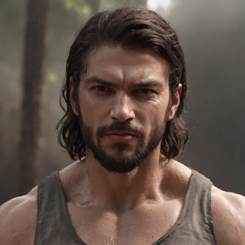 (Professional 3D rendering:1.3) de (Realistic:1.3) Foto de arte mais bonita do mundo,Features soft, bright male heroes, ((Epic hero fantasy rough muscular man wet hero angry look long hair short beard and fierce expression in dynamic pose, fantastic location, majestoso ambiente desordenado)), corpo inteiro 8k unidade render, action shot, poros da pele, very dark lighting, sombreamento pesado, circunstanciado, Rosto detalhado, (vibrante, fotogrdeia realista, Realistic, Dramatic, Escuro, foco nítido, 8k), (Old leather clothes damaged by bad weather:1.4), ((((Use peles)))), (intrincado:1.4), decadente, (altamente detalhado:1.4), pintura digital, rendering by octane, art stations, Conceito-Arte, liso, foco nítido, illustration, germe da arte, (Loish:0.23), Wlop Ilya Kuvshinov, e Greg Rutkowski e Alphonse Mucha Gracias, (global ilumination, studiolight, Light Volumetric), chuva forte, floating particles, patife, fantasia, Onze, corpo inteiroesbian, ((Fundo escuro e antigo da cidade:1.3)),CGSesociedade,art stations