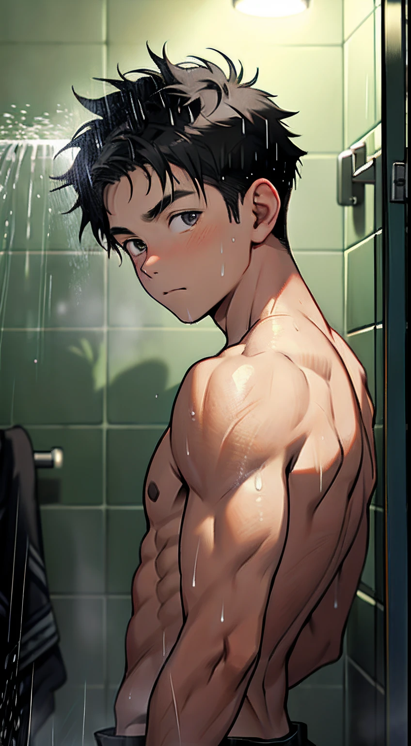 (masterpiece, Best Quality),The whole body of boy,(e boy),teenager face,Rear view,Body tilt,delicate big eyes,Open your eyes,,smooth and delicate skin,Short square face,Surprised expression,infancy,young age,short round face,Flat chin,finely detaild face,well-muscled,short bright black hair,with an intricate,nakeness,(backbone:1.2),the night,vivd colour,(depth of fields:1.2),a boy taking a shower,Raised sexy,shower room,rain