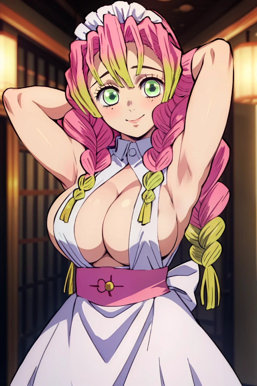 (masterpiece, Better Quality), 1girl in, Mitsurikan Logi, dazzling, smil, Breast, Armpits, maid, Pose with emphasis on the chest