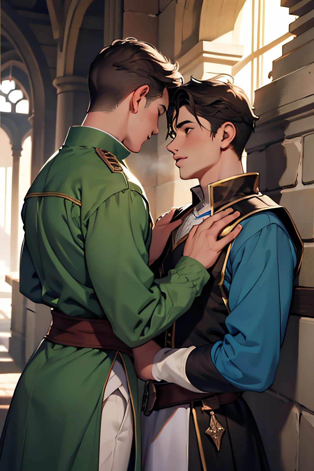 There are two young men kissing in a kingdom, roupas de alta costura, alta qualidade, princes, medieval