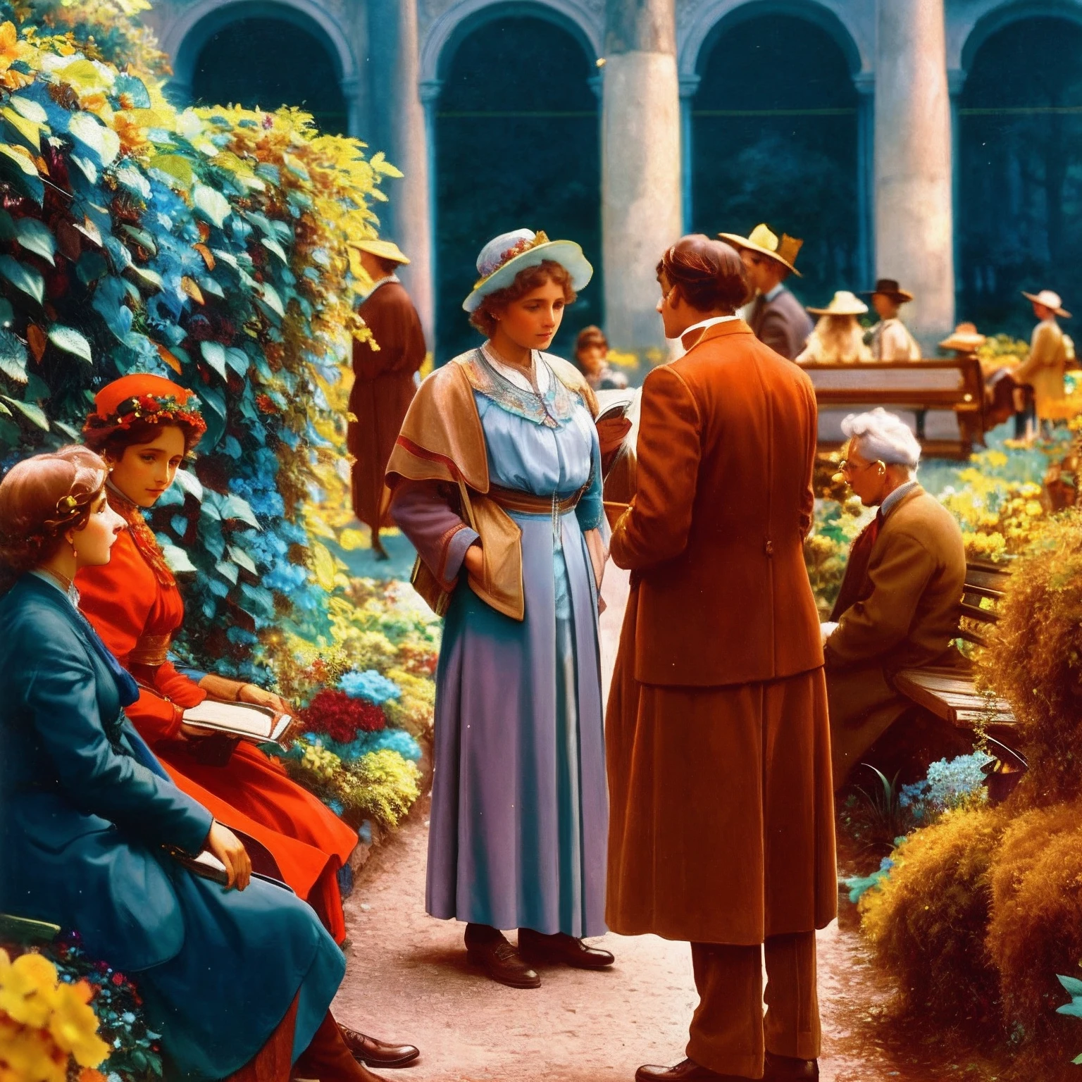 There are people sitting on benches in a garden with plants, colorido, colorido, fundo colorido, uma foto colorida, foto colorida, colorido, fotografia colorida, foto colorida premiada, colorido 1 9 0 4 foto, foto colorida, psychedelic colouring, foto colorida vintage, Viajantes do tempo aparecem em um parque, Beeple e Alphonse Mucha