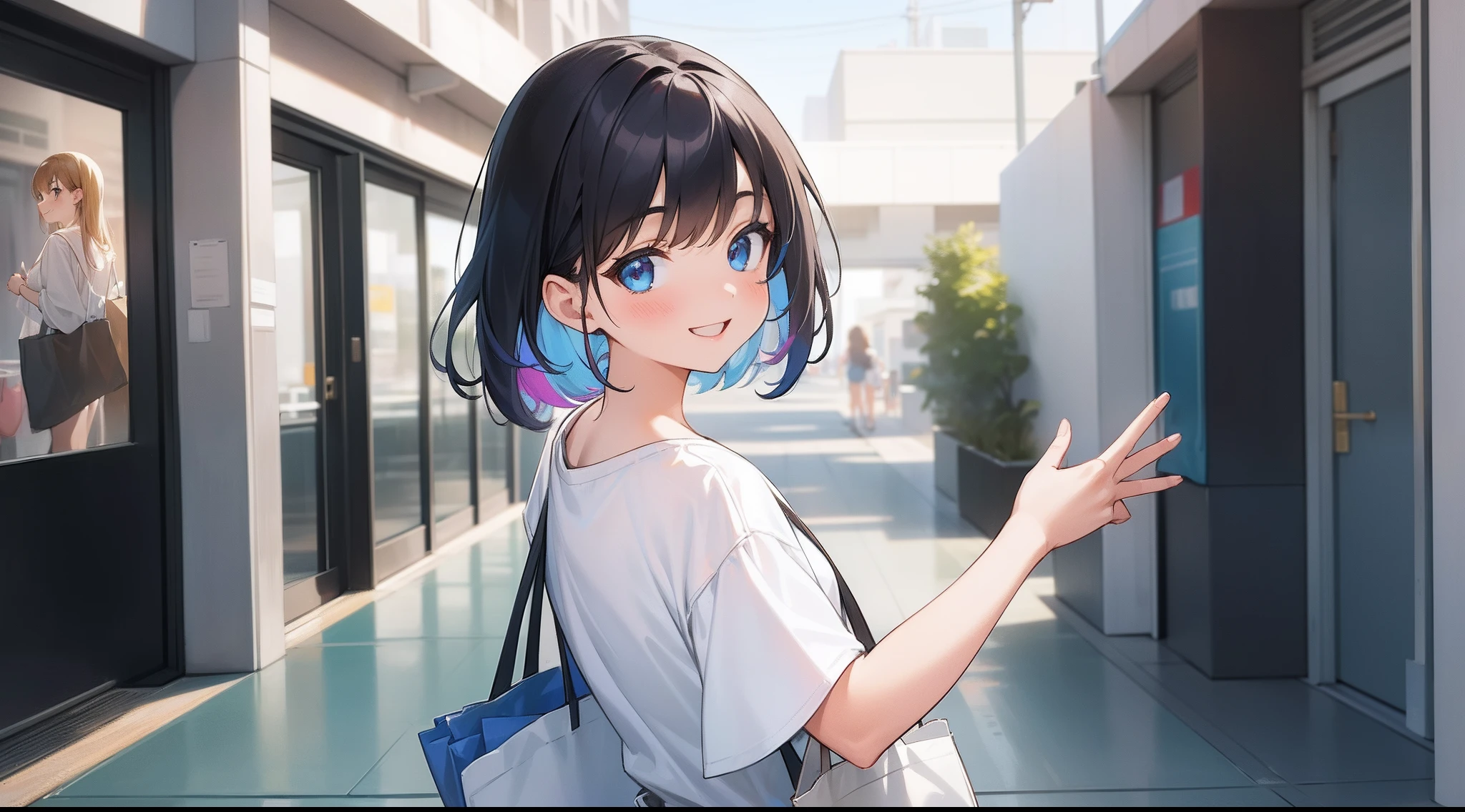 8k , 4k , masterpiece , 1 girl , halfbody , girl in the middle wearing white tshirt looking back at the camera , showing back , smiling happy expression ,  holding a tote bag , scene is in front of a Convention main door, vibrant color , happy vibe