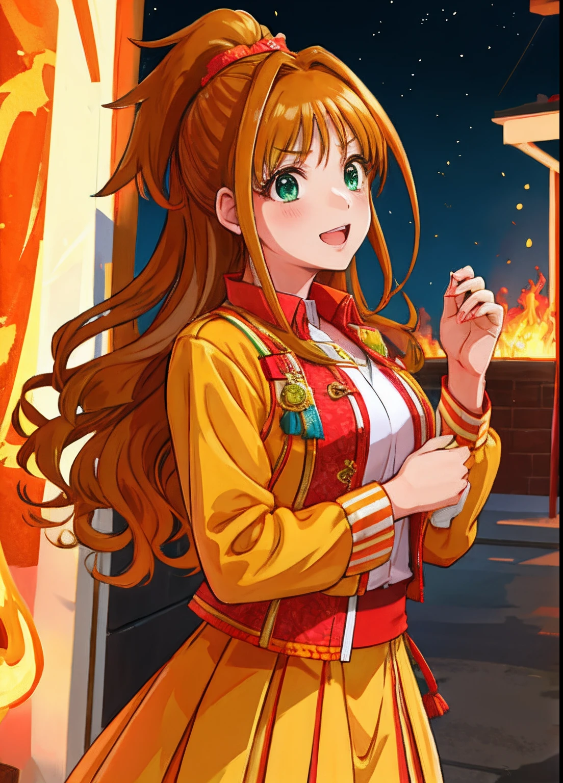 beautiful lighting, hino_akane_\(idolmaster\), 1girl, long hair, high ponytail, orange hair, green eyes, upper body, , fire