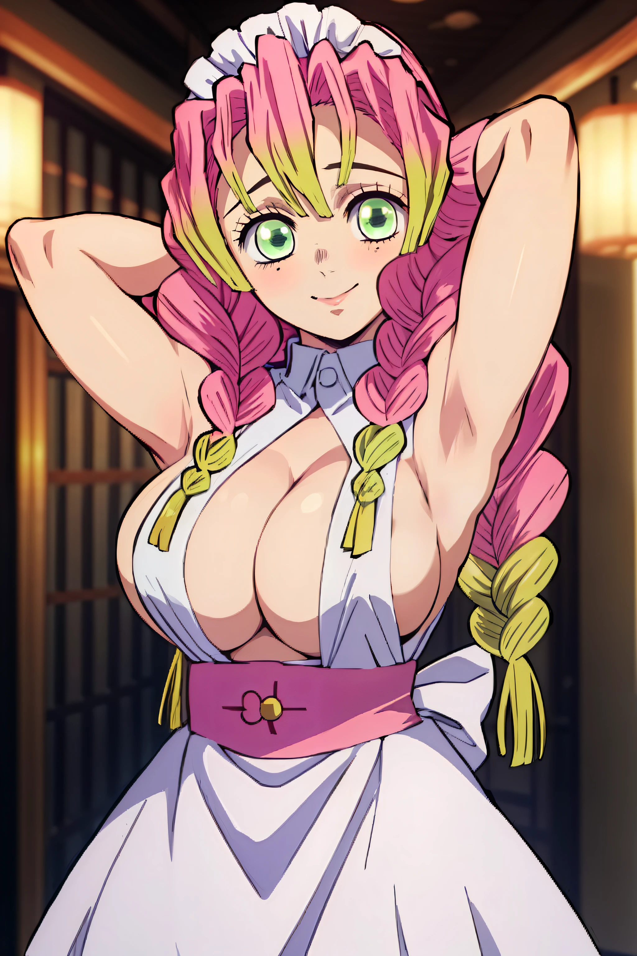 (masterpiece, Better Quality), 1girl in, Mitsurikan Logi, dazzling, smil, Breast, Armpits, maid, Pose with emphasis on the chest