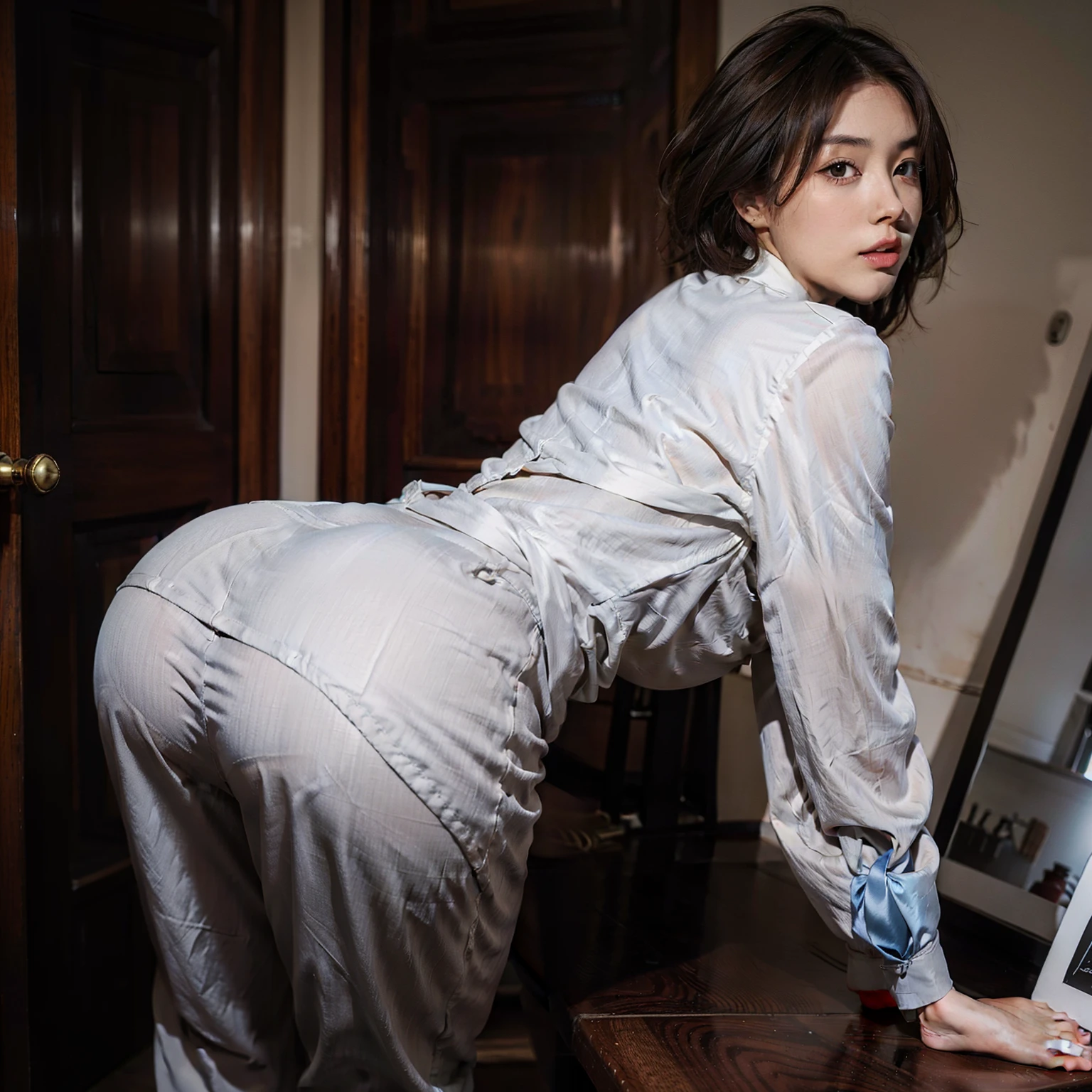 Super beautiful office lady, light brown flowing layered short hair, golden eyes, dark gray pantsuit, big breasts, seductive ass, butt protruding, seductive pose, full body, slender, perfect proportions, office, portrait, high resolution, highest quality, super high quality, super detail, ultra realistic, photorealistic, formal pants, satin formal trouser pulled so tight, behind view, bend, medium size butt