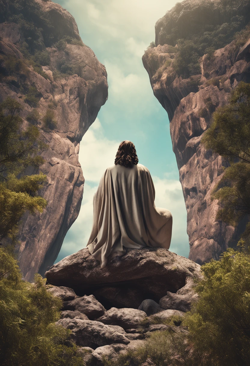 Jesus Christ sitting on a rock looking up at the open Heaven,sem pedras, aves voando, Ultra realista, hiperdetalhado