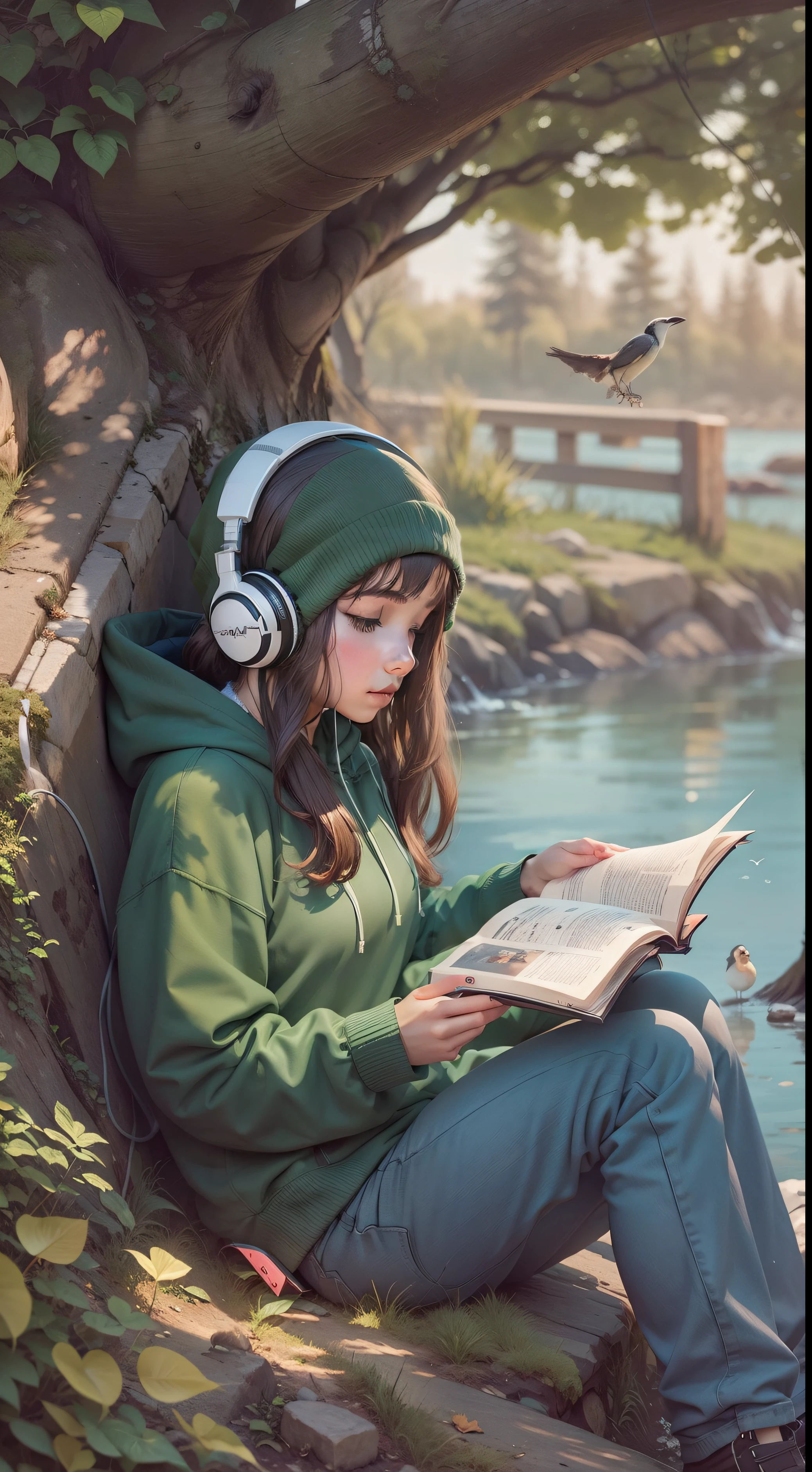 "1girl, solo, reading while listening to music under a tree, behind the river, bird, wearing a green hoodies,on her head headphones."