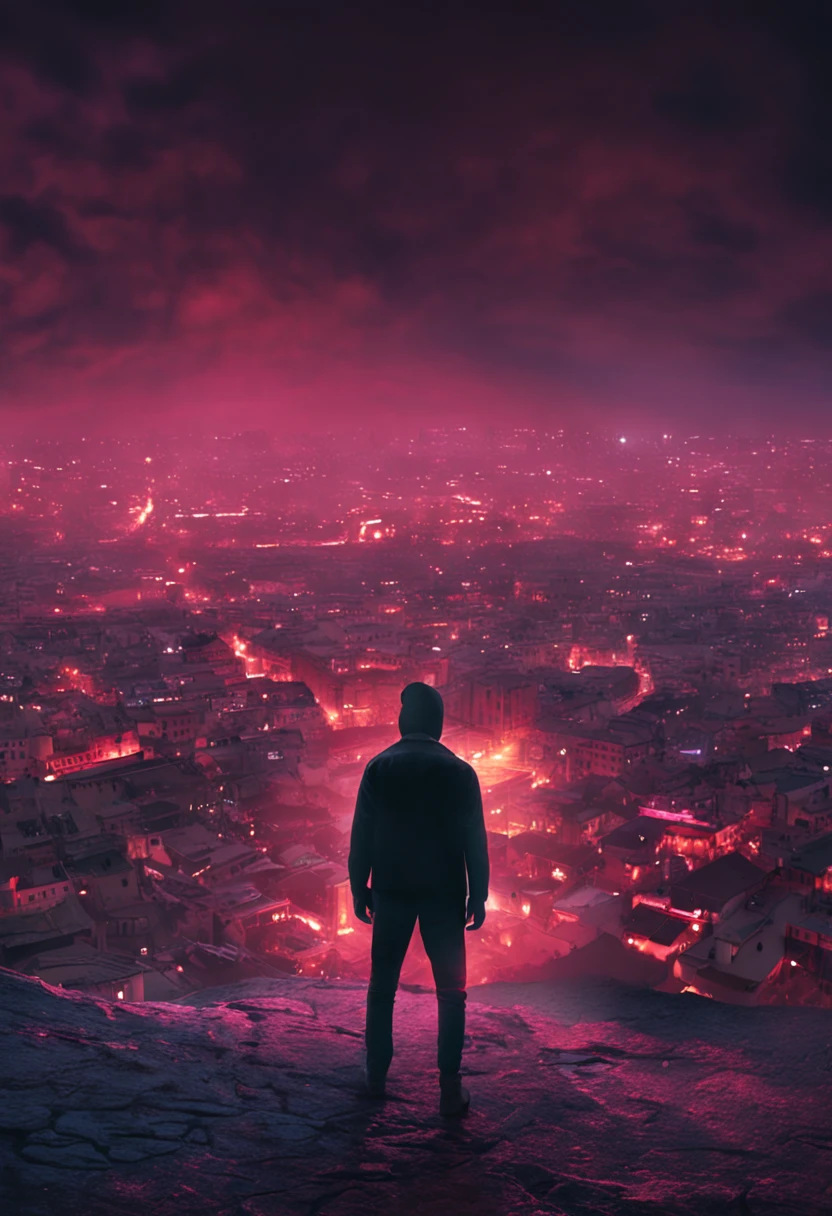 A man from behind facing the vastness of a mysterious city, pleine de mouvement, de nuit, avec des belle couleur