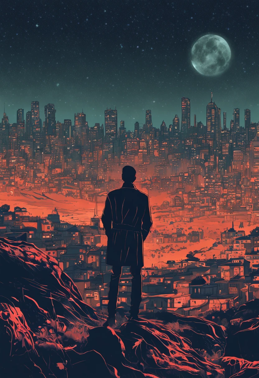 A man from behind facing the vastness of a mysterious city, pleine de mouvement, de nuit, avec des belle couleur