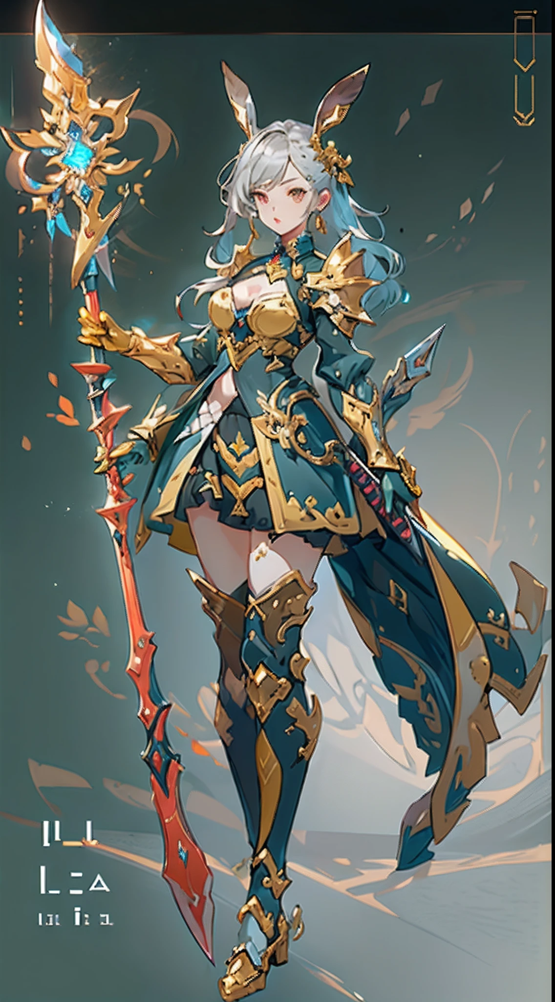 Design a layout showcase Gaming character, (1girl). Golden+Purle clothes, stylish and unique, ((showcase weapon:1.4)), magic staff, (masterpiece:1.2), (best quality), 4k, ultra-detailed, (Step by step design, layout art:1.5), (luminous lighting, atmospheric lighting), Final Fantasy style, magican, ((glove full hands)), fran, viera, (((revealing clothes:1.3))), vambraces, armored legwear, (((full_body_shot:1.4))), Niji