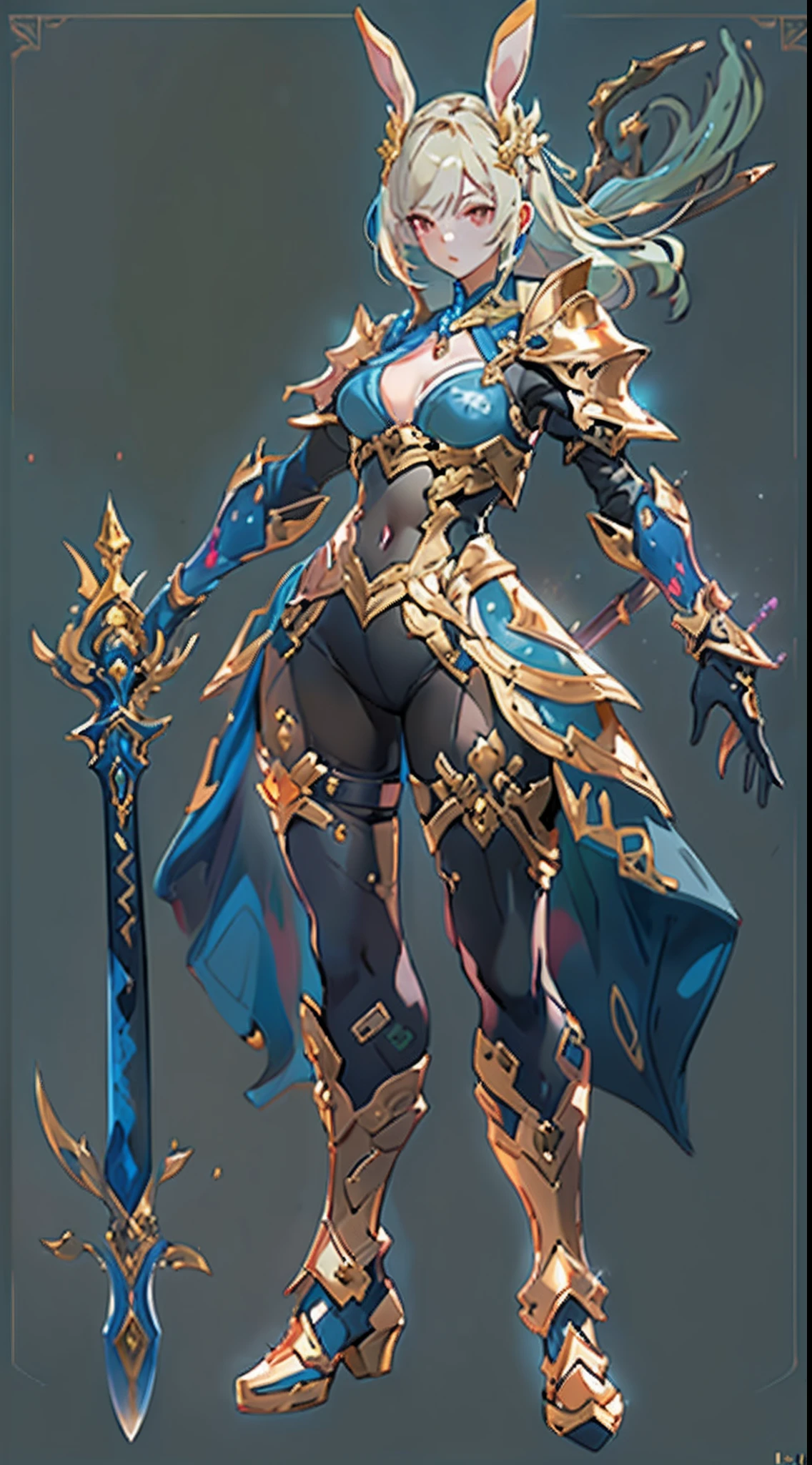 Design a layout showcase Gaming character, ((1girl)), big_boobs. Golden+Purle clothes, stylish and unique, ((showcase weapon:1.4)), magic staff, (masterpiece:1.2), (best quality), 4k, ultra-detailed, (Step by step design, layout art:1.5), (luminous lighting, atmospheric lighting), Final Fantasy style, magican, ((glove full hands)), fran, viera, (((revealing clothes:1.3))), vambraces, armored legwear, (((full_body_shot:1.4))), Niji, back_view