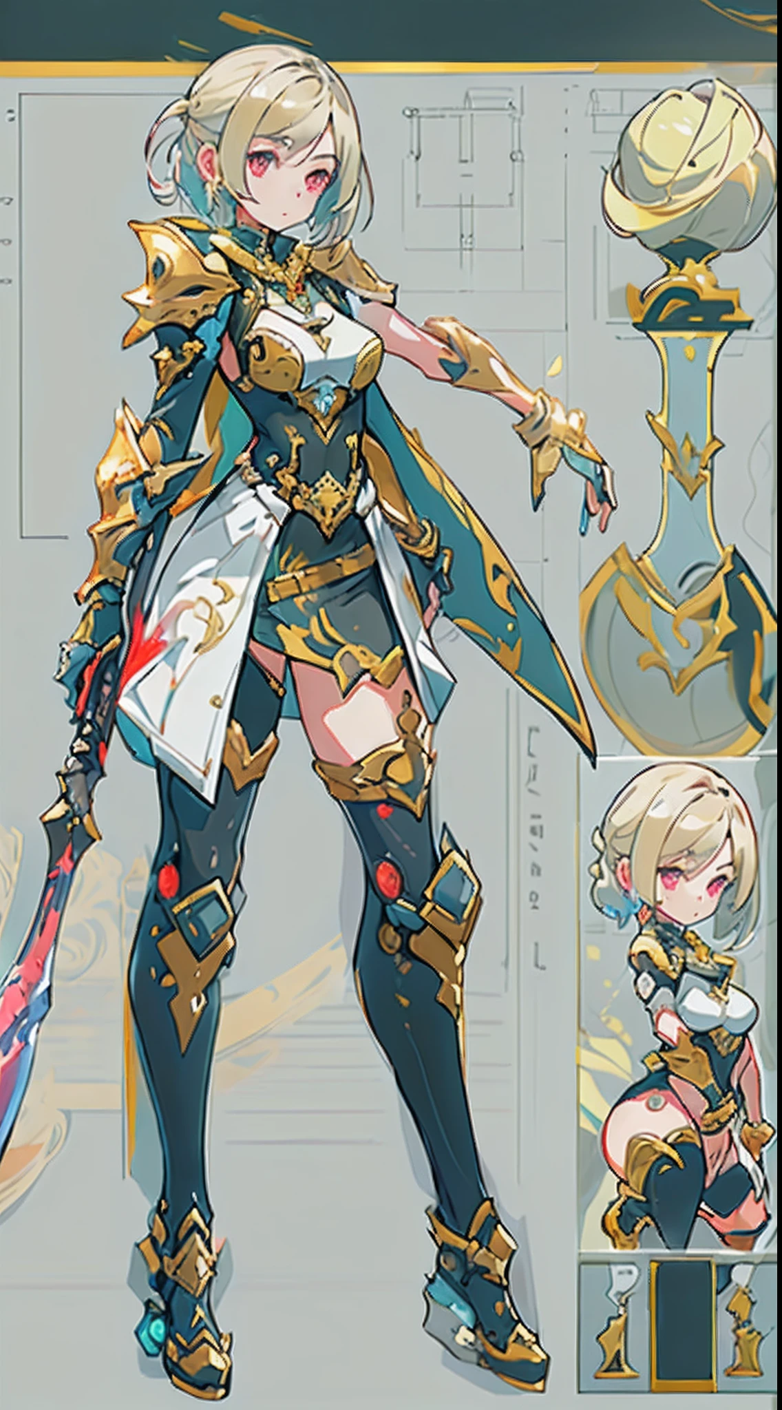 Design a layout showcase Gaming character, (1girl). Golden+Purle clothes, stylish and unique, ((showcase weapon:1.4)), magic staff, (masterpiece:1.2), (best quality), 4k, ultra-detailed, (Step by step design, layout art:1.5), (luminous lighting, atmospheric lighting), Final Fantasy style, magican, ((glove full hands)), fran, viera, (((revealing clothes:1.3))), vambraces, armored legwear, (((full_body_shot:1.4))), Niji