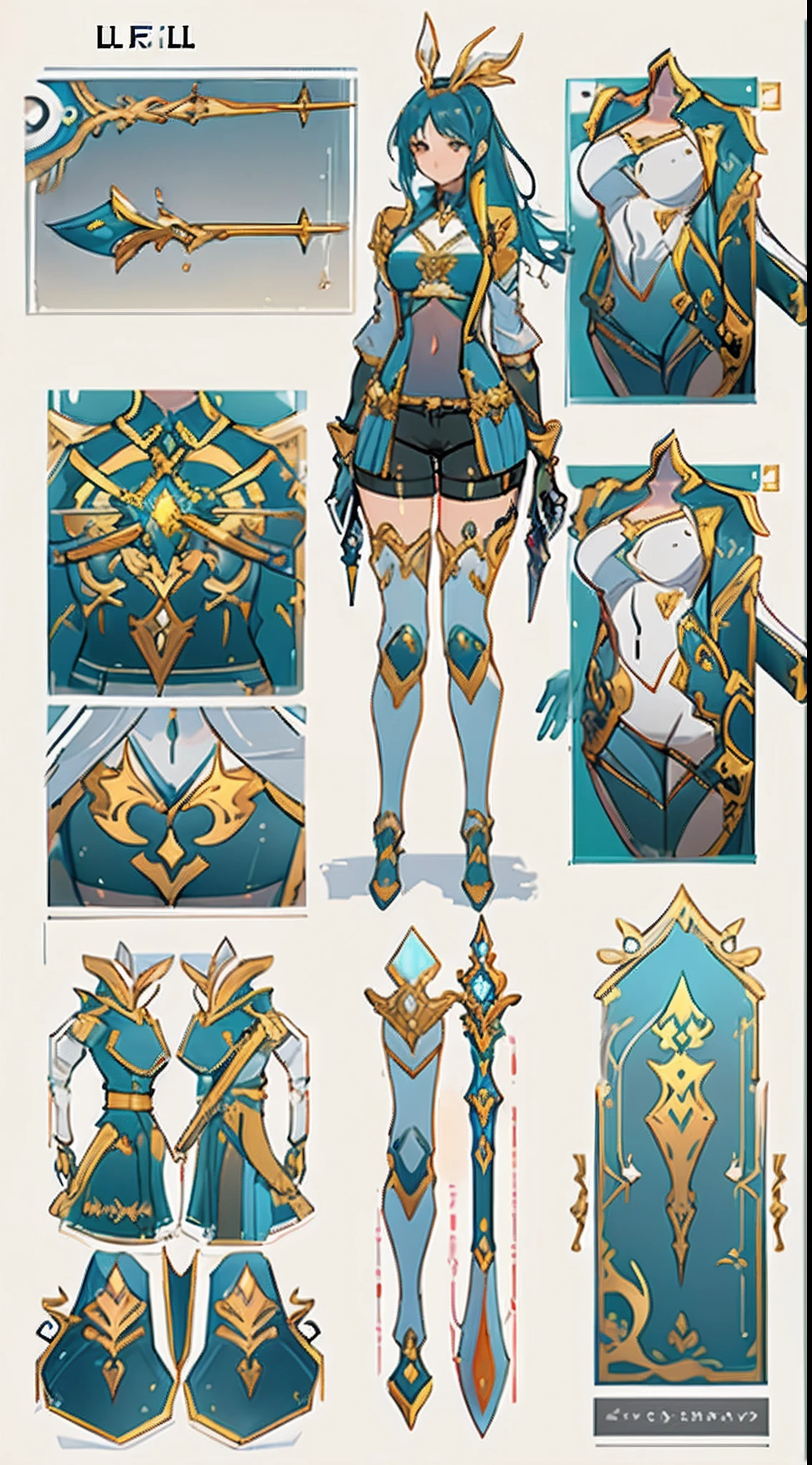 Design a layout showcase Gaming character, (1girl). Golden+Purle clothes, stylish and unique, ((showcase weapon:1.4)), magic staff, (masterpiece:1.2), (best quality), 4k, ultra-detailed, (Step by step design, layout art:1.5), (luminous lighting, atmospheric lighting), Final Fantasy style, magican, ((glove full hands)), fran, viera, (((revealing clothes:1.3))), vambraces, armored legwear, (((full_body_shot:1.4))), Niji