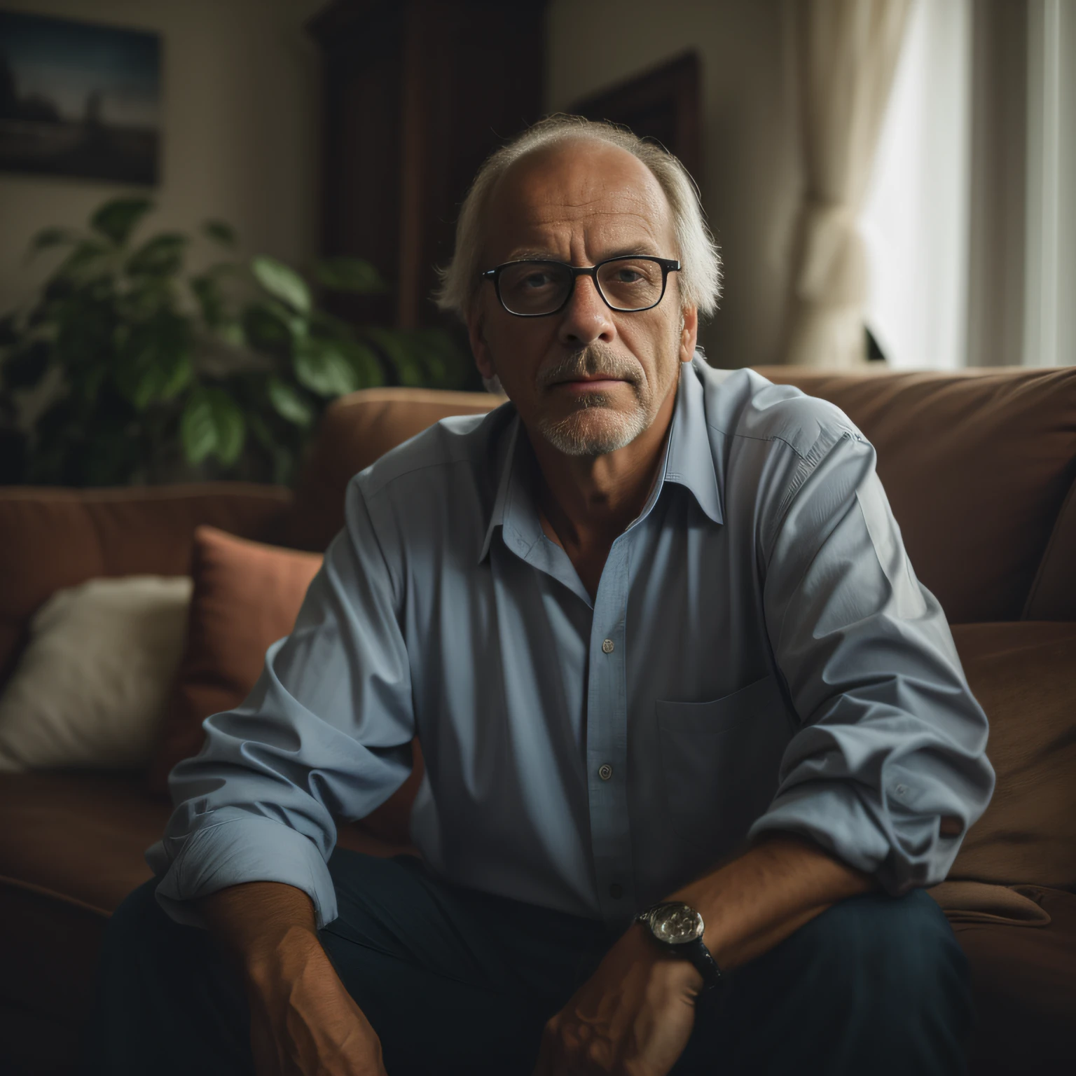 guttonerdvision4, man with glasses, old house, sitting in comfortable armchair, streak of sunlight hitting his face, casual pose, aesthetic, intricate, caustic, rays of light, sunlight