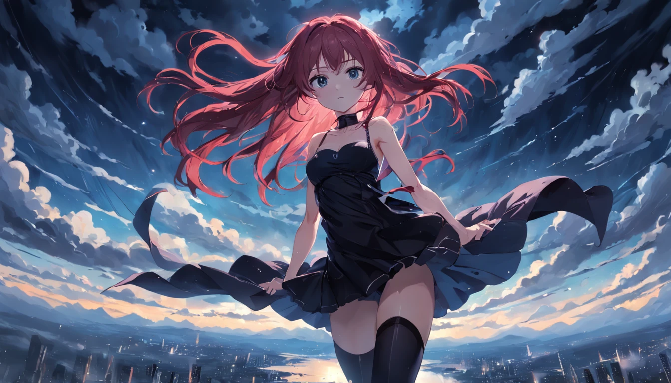 High quality, master piece, darky sky, clouds, rain, 1girl, long crimson hair, floating in sky, bare chest, crossed arms, sharp eyes, 8k, black thigh highs, flowy black skirt