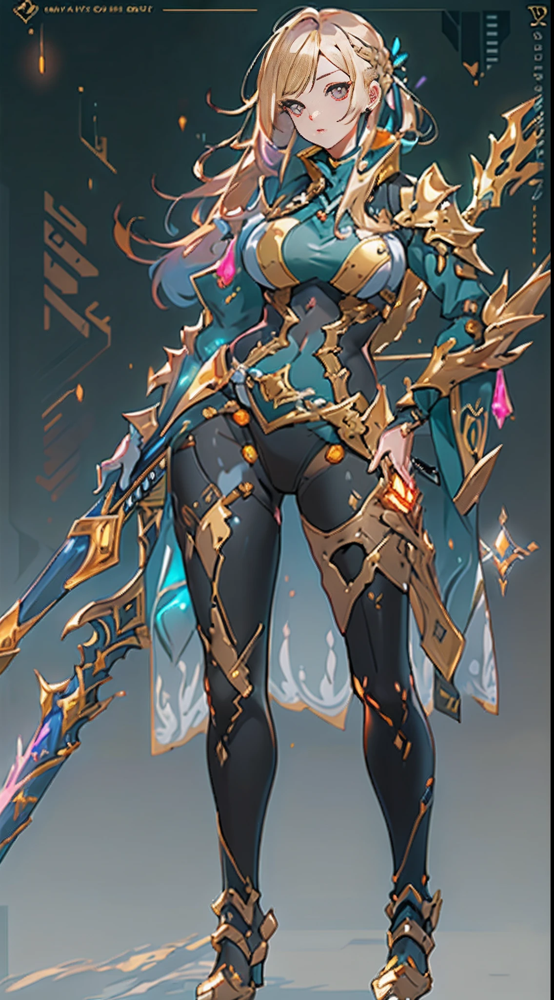 Design a layout showcase Gaming character, (1girl). Golden+Purle clothes, stylish and unique, ((showcase weapon:1.4)), magic staff, (masterpiece:1.2), (best quality), 4k, ultra-detailed, (Step by step design, layout art:1.5), (luminous lighting, atmospheric lighting), Final Fantasy style, magican, ((glove full hands)), fran, viera, (((revealing clothes:1.3))), vambraces, armored legwear, (((full_body_shot:1.4))), Niji