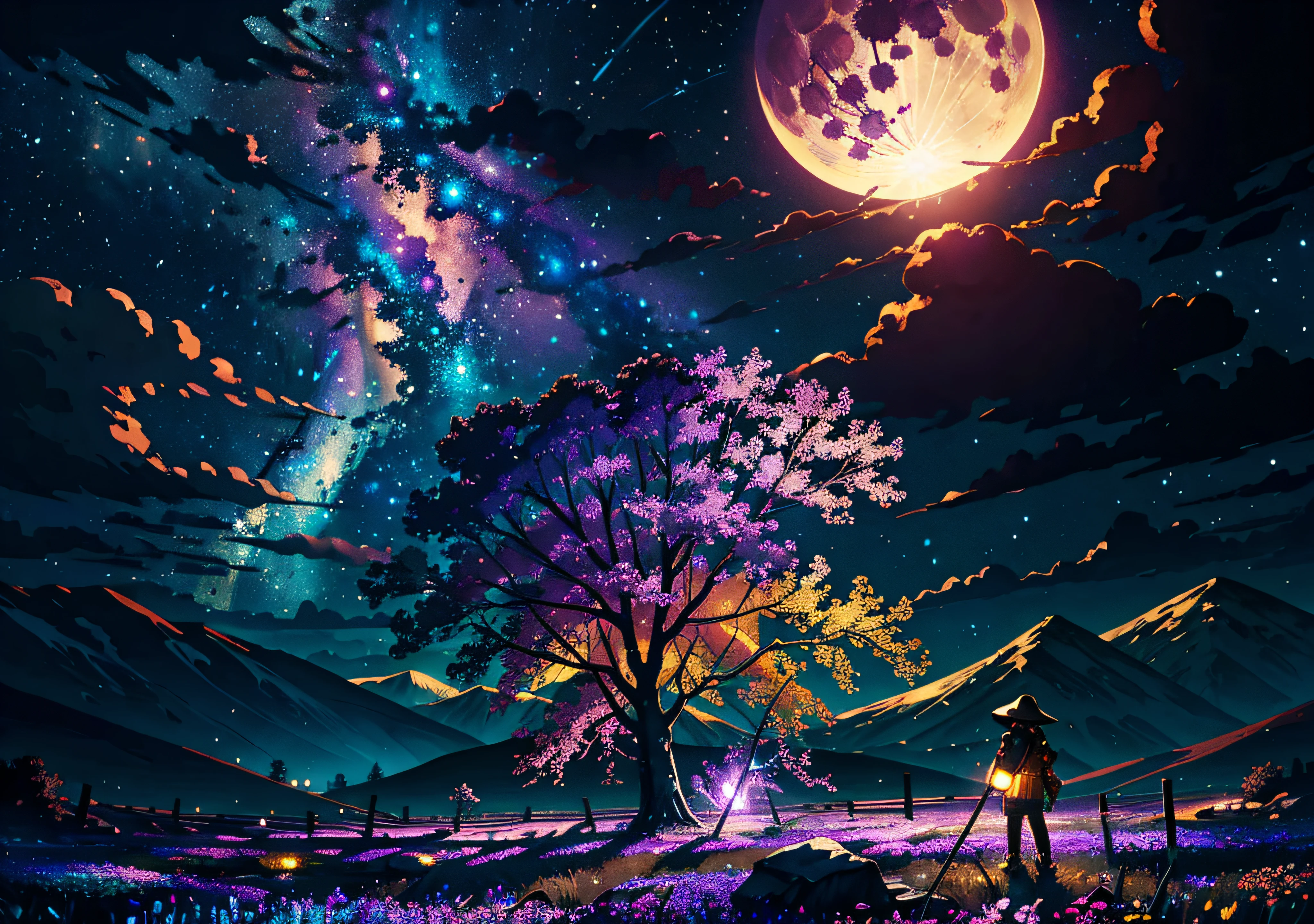 expansive landscape photograph , (a view from below that shows sky above and open field below), a girl standing on flower field looking up, (full moon:1.2), ( shooting stars:0.9), (nebula:1.3), distant mountain, tree BREAK
production art, (warm light source:1.2), (Firefly:1.2), lamp, lot of purple and orange, intricate details, volumetric lighting BREAK
(masterpiece:1.2), (best quality), 4k, ultra-detailed, (dynamic composition:1.4), highly detailed, colorful details,( iridescent colors:1.2), (glowing lighting, atmospheric lighting), dreamy, magical, (solo:1.2)