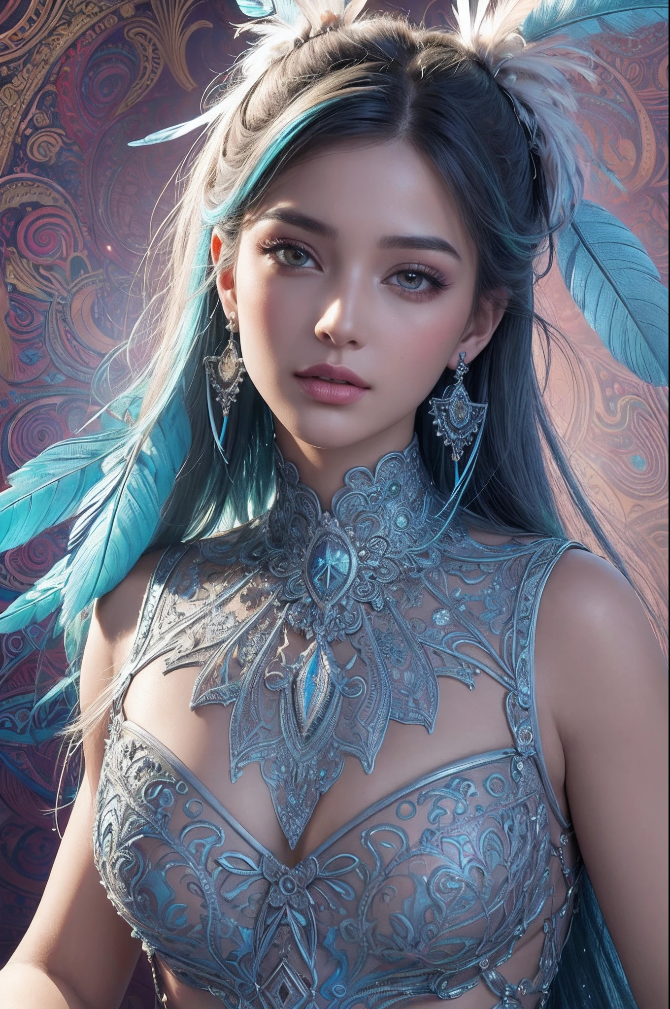 (((hyperrealistic face)))((((extreme realistic skin detail))) (face with detailed shadows)(masterpiece, top quality, best quality, official art, beautiful and aesthetic:1.2), (1girl:1.3), extremely detailed,(fractal art:1.1),(colorful:1.1)(flowers:1. 3),more detailed,(zentangle:1.2), full body,(abstract background:1.3),(glowing skin),(many colors:1.4), ,(earrings),(feathers:1.5),Stunning, Masterpiece, Digital illustration. High definition, high resolution, 8K, 3d render, unreal engine, hyper detailed, sharp focus, best quality, masterpiece, post-processing, perfect result. breathtaking beauty, pure perfection, perfect everything, perfect anatomy, divine presence, unforgettable, stunning, breathtaking beauty, Volumetric light, auras, rays, vivid colors reflect. Energy, molecular, textures, iridescent and luminescent scales,