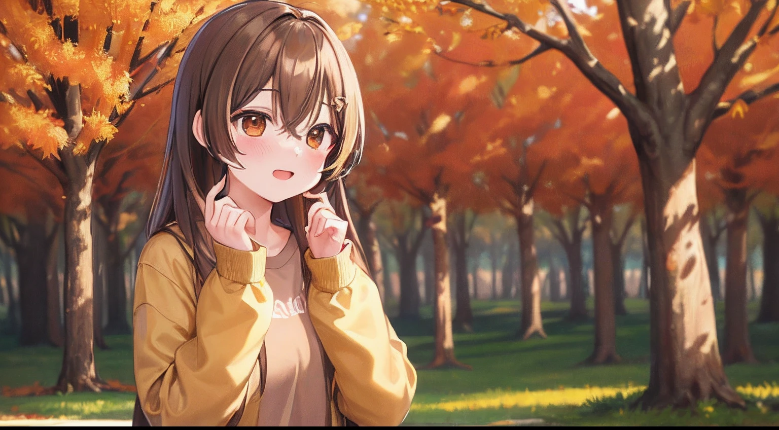 (mksks style, detailed background:1.1), nanashi_mumei, feather, solo, brown shirt, brown hair, long hair, comfy, (outdoors, spring \(season\), autumn:1.3), long sleeves,