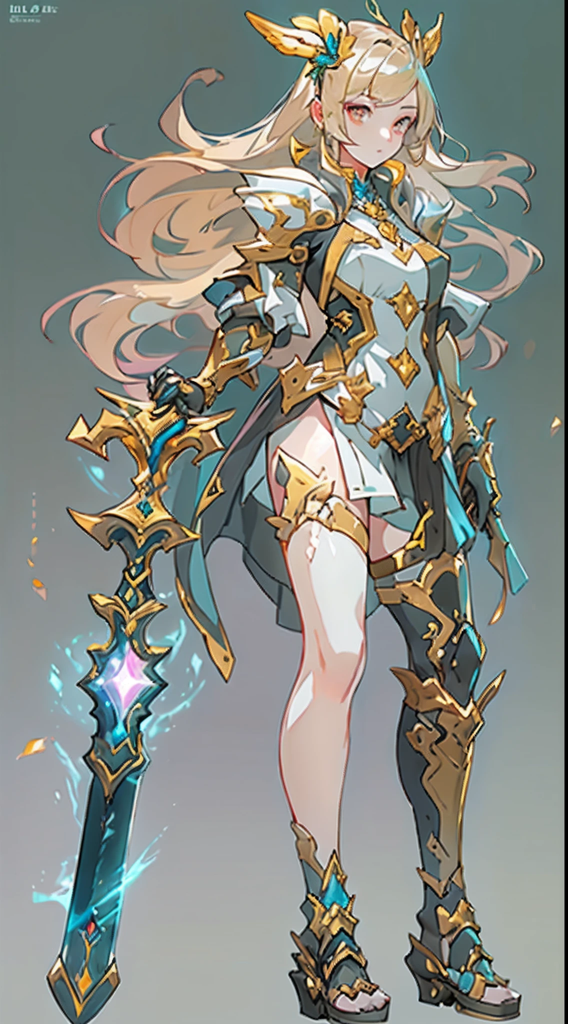 Design a layout showcase Gaming character, (1girl). Golden+Purle clothes, stylish and unique, ((showcase weapon:1.4)), magic staff, (masterpiece:1.2), (best quality), 4k, ultra-detailed, (Step by step design, layout art:1.5), (luminous lighting, atmospheric lighting), Final Fantasy style, magican, ((glove full hands)), fran, viera, (((revealing clothes:1.3))), vambraces, armored legwear, (((full_body_shot:1.4))), Niji