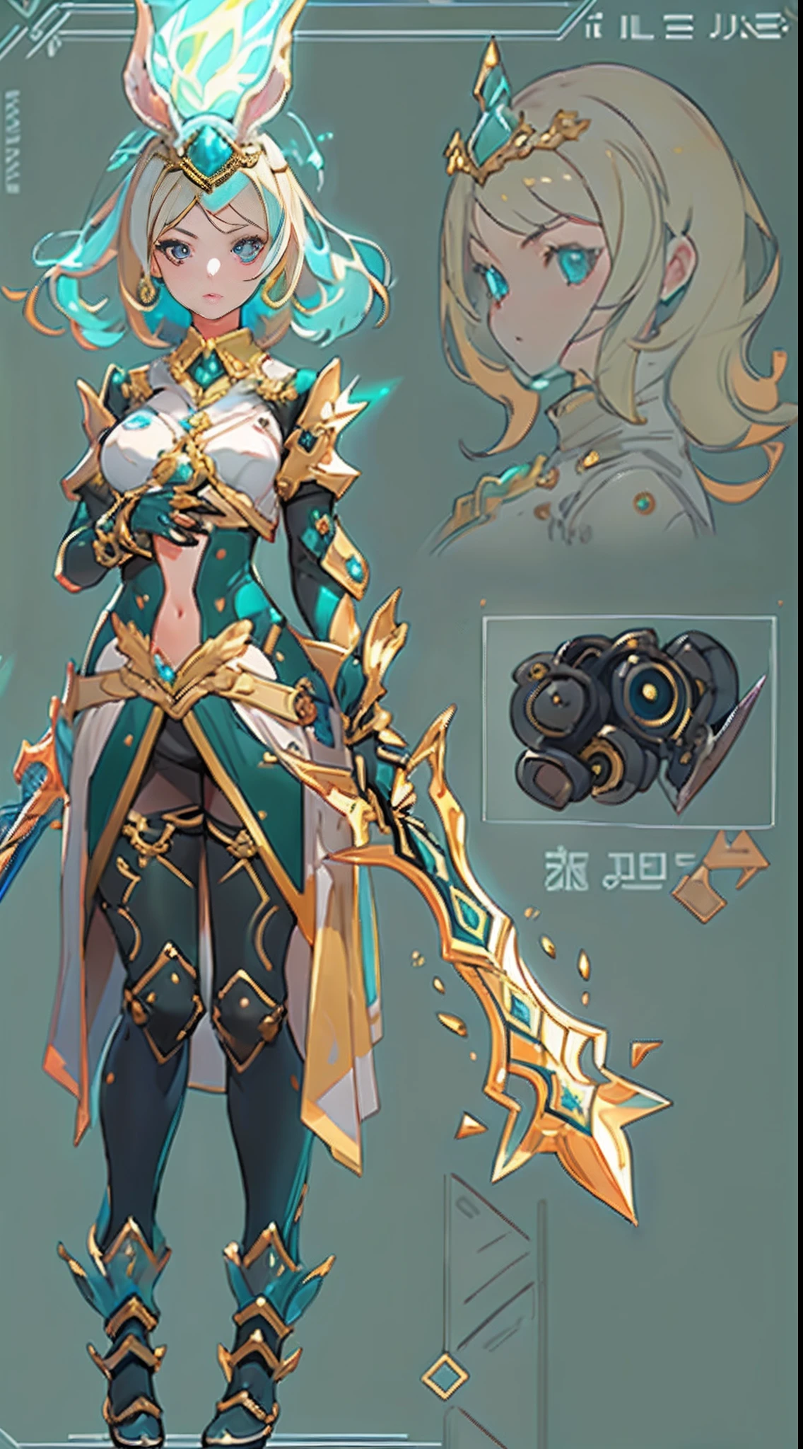 Design a layout showcase Gaming character, (1girl). Golden+Purle clothes, stylish and unique, ((showcase weapon:1.4)), magic staff, (masterpiece:1.2), (best quality), 4k, ultra-detailed, (Step by step design, layout art:1.5), (luminous lighting, atmospheric lighting), Final Fantasy style, magican, ((glove full hands)), fran, viera, (((revealing clothes:1.3))), vambraces, armored legwear, (((full_body_shot:1.4))), Niji