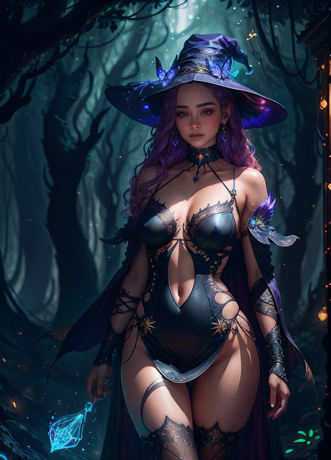 sexy full shot body photo of the most beautiful artwork in the world, illustration, cinematic light, fantasy, highres, highest quallity, ultra detailed, best quality, masterpiece, (detailed face), sexy mature woman wears a shirt and (torn) fullbody (transparent galaxy) cloths coat, floating cloth, choker, glowing (elder underworld fantasy) forest plants with neon details, open shoulders, tiny glowing butterfly, hair jewery, wearing a torn witch hat, (focus on body:1.25), night, small mutated animals in background, torn mini skirt ,a potion on hip, shoulder pads emitting magic energy, cameltoe, dark, light reflection