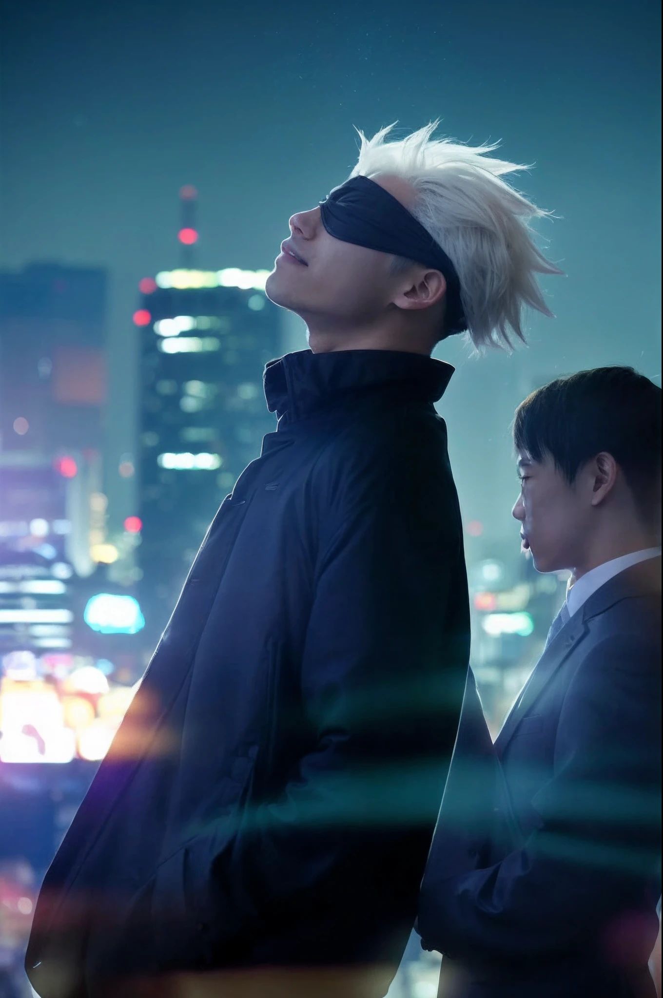 Gojo Satorou, hansome asian y.o boy with white hair, standing happy expression in the tokyo rooftop, his eye closed by use black cloth eye cover, his suits is navi color, his hands shoved in his jacket pocket, lots of hair, his is alone, the background is building, building is many of light, light from the building dominant with yellow collor, perfect lighting from side, hansome guy, japan girl in his side, potrait photography, realistic suits, 35mm f/1.4, lighting effect, perfect lighting, solo focus