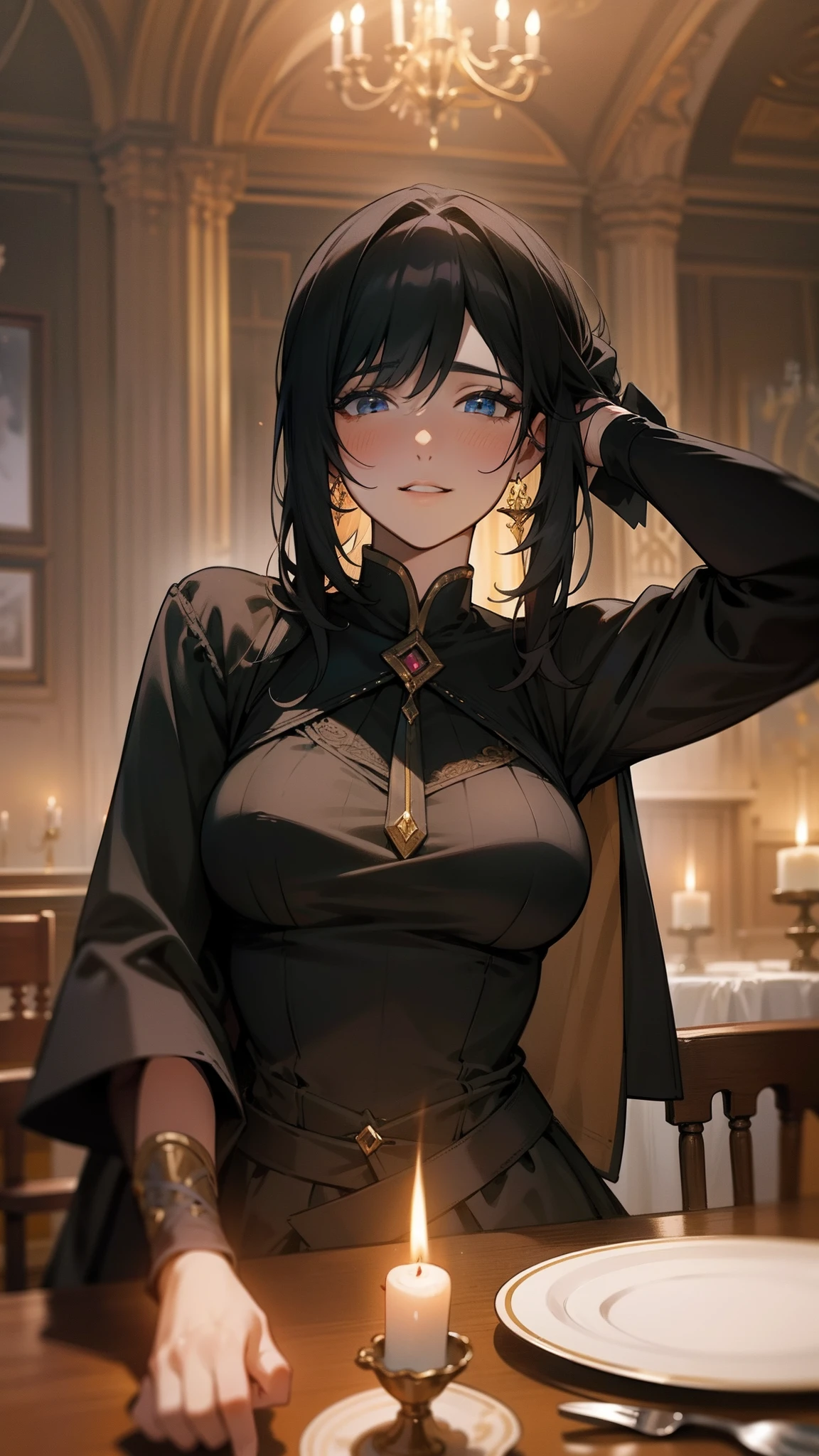 (masterpiece, best quality), Anime, Dark skin, Black hair, Yellow Eyes, Bob cut, Bangs, Sexy face, adult woman body type, sexy, Black dancer dress, Sand Princess, front view, 1girl, smiling, Fantasy setting, simple colouring