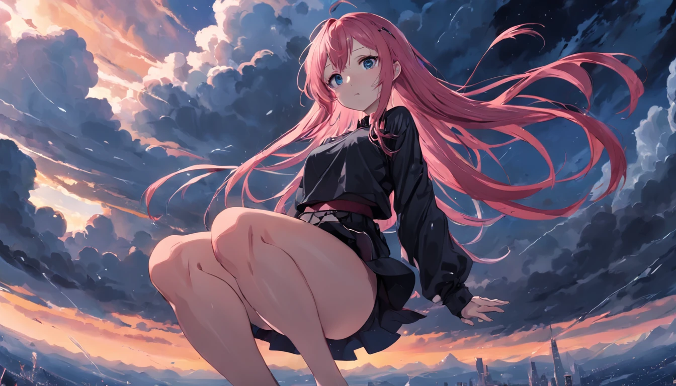 High quality, master piece, darky sky, clouds, rain, 1girl, long crimson hair, floating in sky, no shirt, crossed arms, sharp eyes, 8k, showing breasts, black thigh highs, flowy black skirt, pink panties