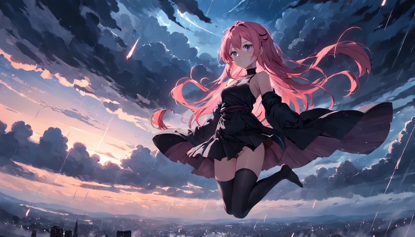 High quality, master piece, darky sky, clouds, rain, 1girl, long crimson hair, floating in sky, no shirt, crossed arms, sharp eyes, 8k, showing breasts, black thigh highs, flowy black skirt, pink panties, hentai
