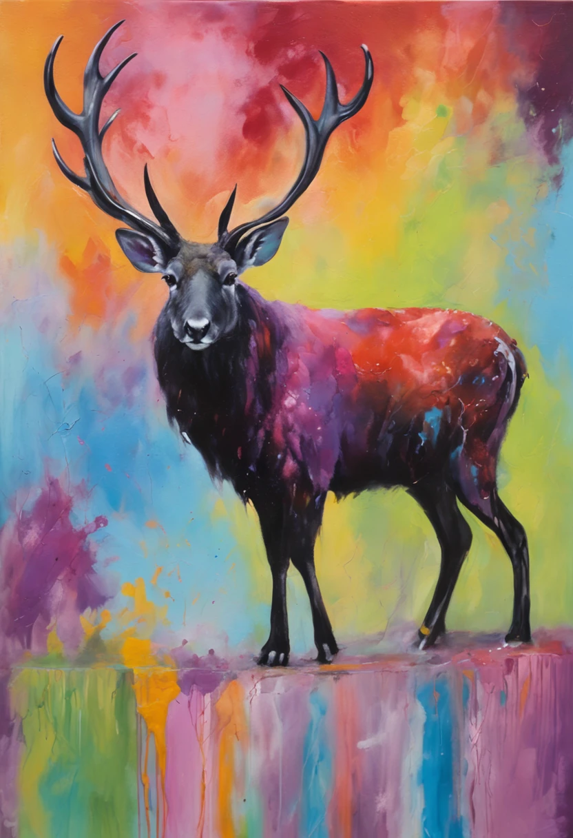 Jackalope with black and purple fur and magenta antlers, staring up at a impossible sky full of nebulas stars and amazing colors, best quality, masterpiece