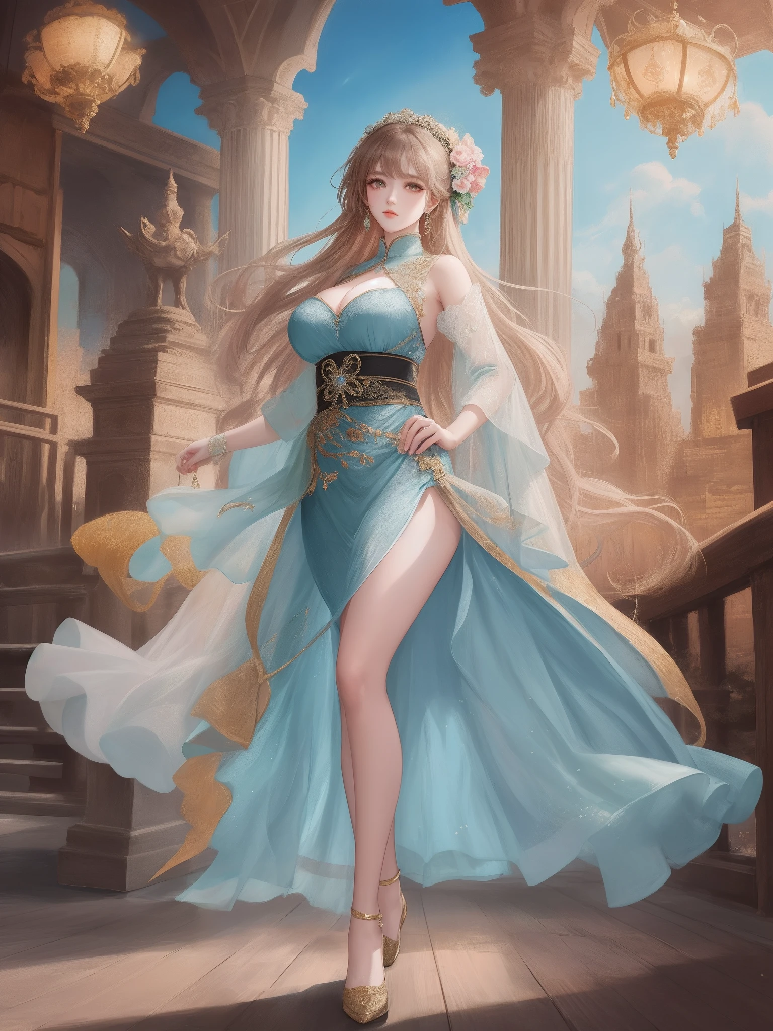 Draw a real beautiful girl，Willow eyebrows wide-eyed，黑The eye，big breasts thin waist，long leges，Refined face，Plump physique，with fair skin，Tall figure，Dress coolly，Femme and moving。Photography Pastel colors，unreal-engine，Cinematic，8K分辨率，Complicated details，Beautiful，High degree of completion，extreme hight detail，Beautiful CG，Works of masters，ultra - detailed，photore，fully body photo