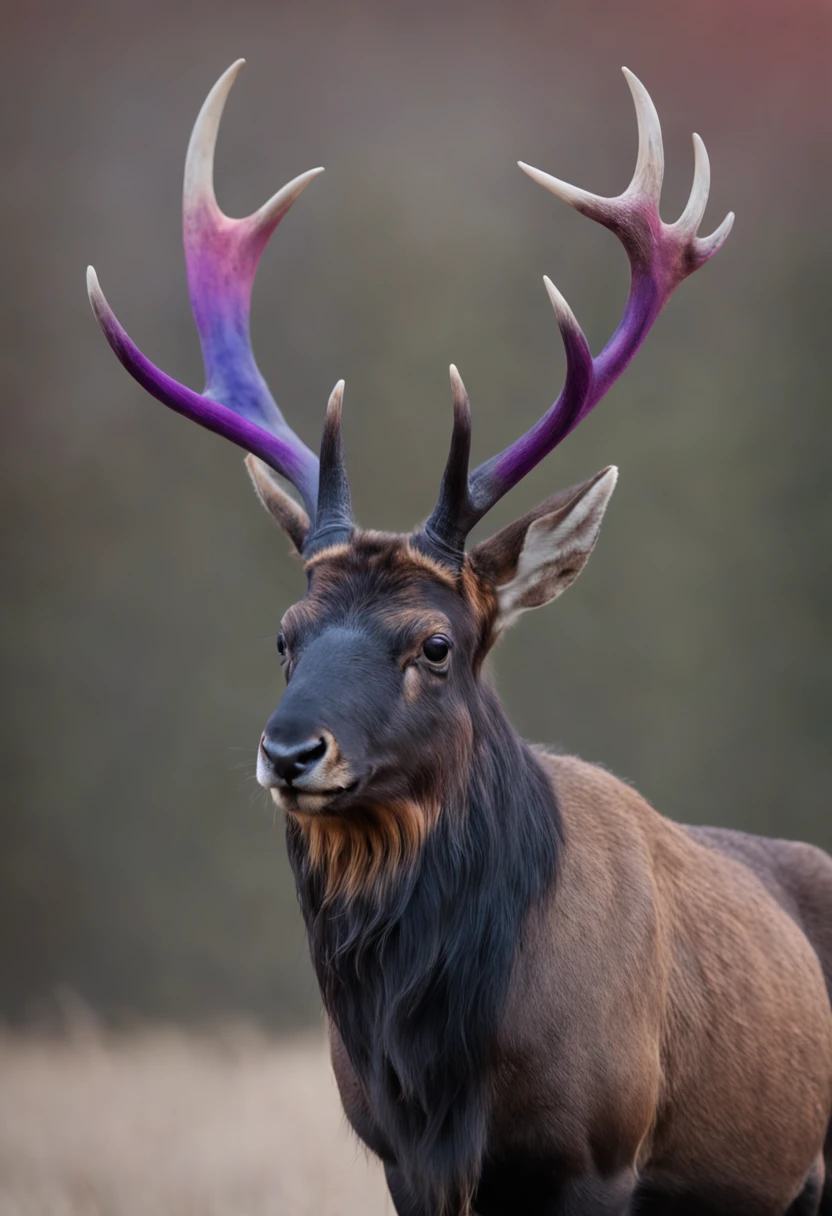 Jackalope with black and purple fur and magenta antlers, staring up at a impossible sky full of nebulas stars and amazing colors, best quality, masterpiece