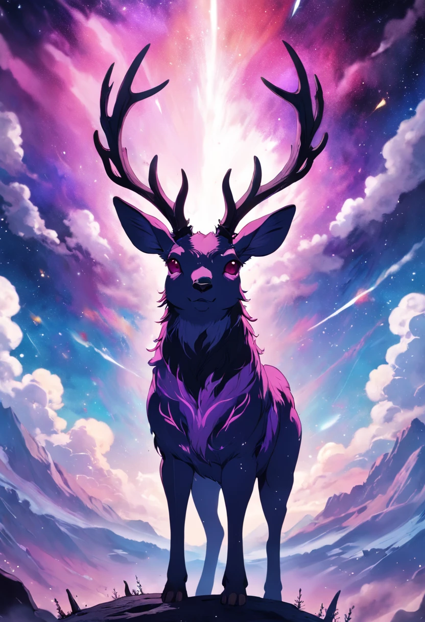 Jackalope with black and purple fur and magenta antlers, staring up at a impossible sky full of nebulas stars and amazing colors, best quality, masterpiece