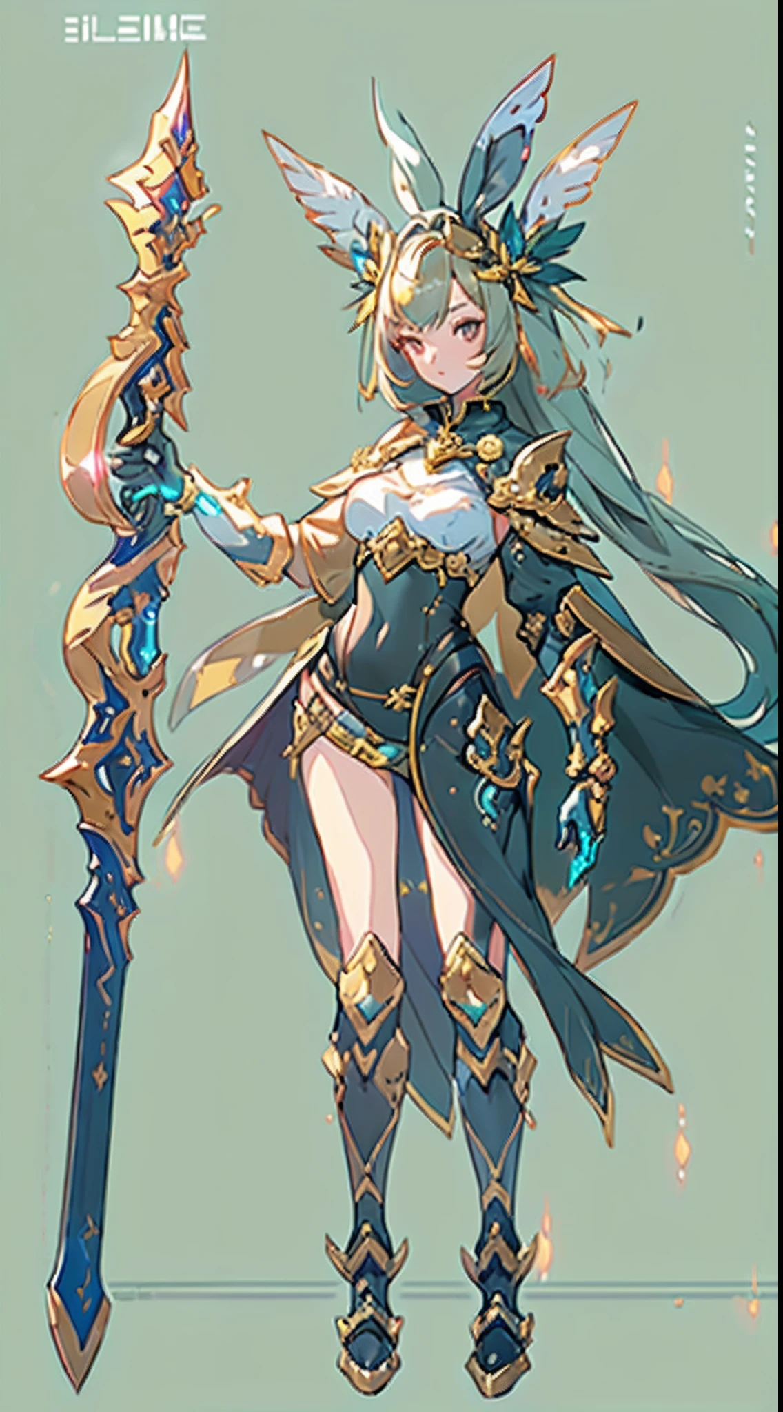 Design a layout showcase Gaming character, (1girl). Golden+Purle clothes, stylish and unique, ((showcase weapon:1.4)), magic staff, (masterpiece:1.2), (best quality), 4k, ultra-detailed, (Step by step design, layout art:1.5), (luminous lighting, atmospheric lighting), Final Fantasy style, magican, ((glove full hands)), fran, viera, (((revealing clothes:1.3))), vambraces, armored legwear, (((full_body_shot:1.4))), Niji