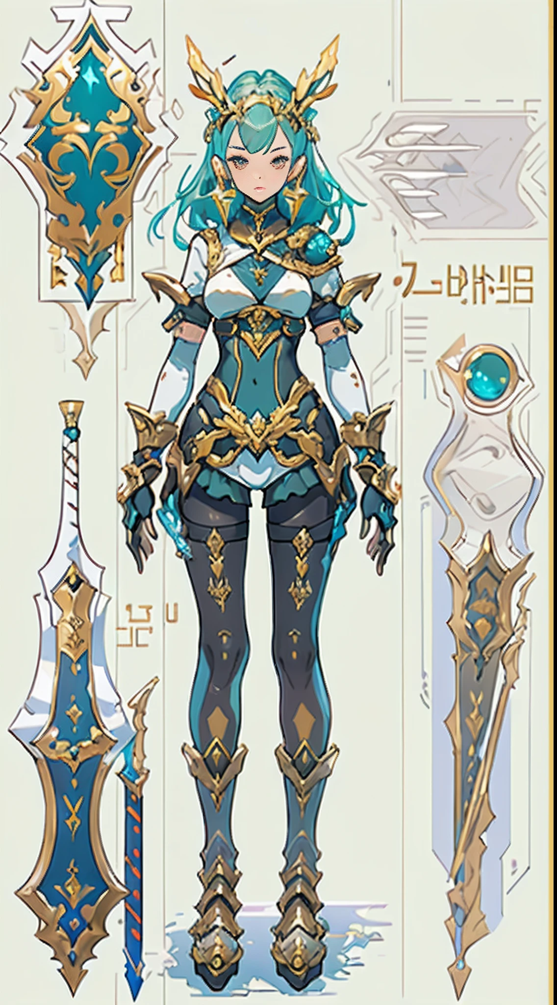 Design a layout showcase Gaming character, (1girl). Golden+Purle clothes, stylish and unique, ((showcase weapon:1.4)), magic staff, (masterpiece:1.2), (best quality), 4k, ultra-detailed, (Step by step design, layout art:1.5), (luminous lighting, atmospheric lighting), Final Fantasy style, magican, ((glove full hands)), fran, viera, (((revealing clothes:1.3))), vambraces, armored legwear, (((full_body_shot:1.4))), Niji
