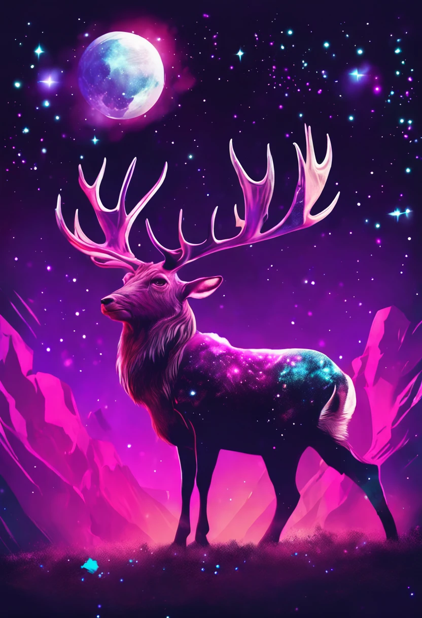Jackalope with black and purple fur and magenta antlers, staring up at a impossible sky full of nebulas stars and amazing colors, best quality, masterpiece, in 2D illustration Style