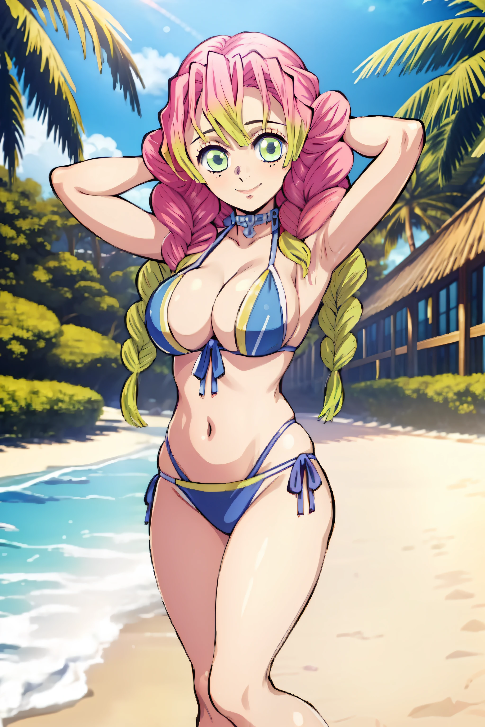 (masterpiece, Better Quality), 1girl in, Mitsurikan Logi, dazzling, smil, bikini of, beach, Breast, Poses that emphasize breasts、