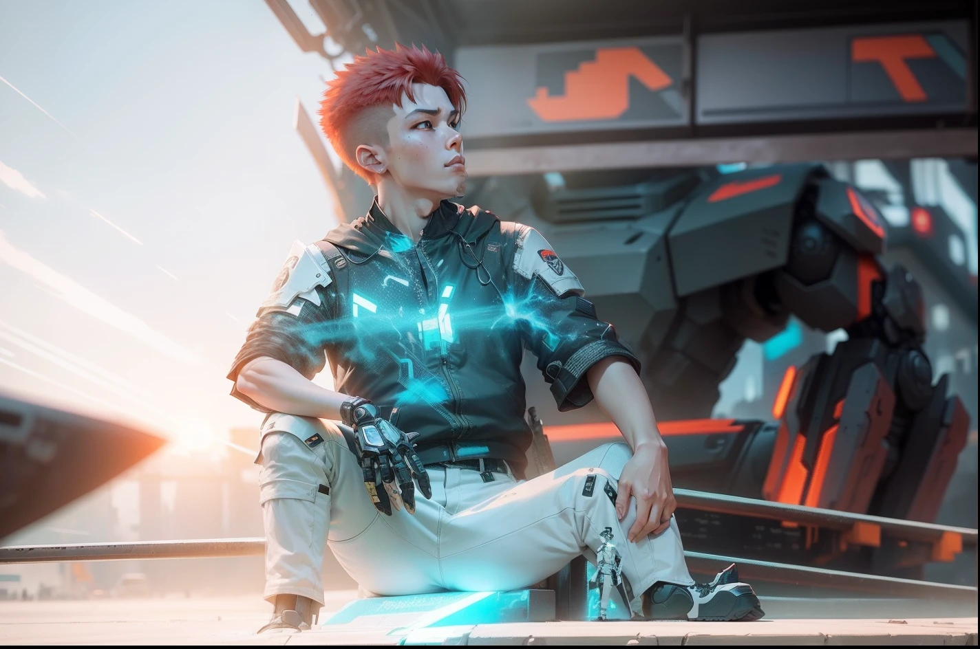 red head in real short sleeves stands next to a giant robot, Boy in mech cyber armor, Cyberpunk anime mech, Male mech, cgsociety and fenghua zhong, anime mecha aesthetic, mechanization, Handsome white boy cyborg, cyberpunk, green military camo, dynamic scene, 2 0 y. gal , mecha asthetic, Robot boy
Boy in shorts and jacket standing next to giant robot, Guweiz style artwork, CyberPunk mech, Trends on CGSTATION, Guweiz, Russell Dongjun Lu, digital cyberpunk anime art, Ross Tran 8 K, Guweiz on ArtStation Pixiv, boy in mecha network armor