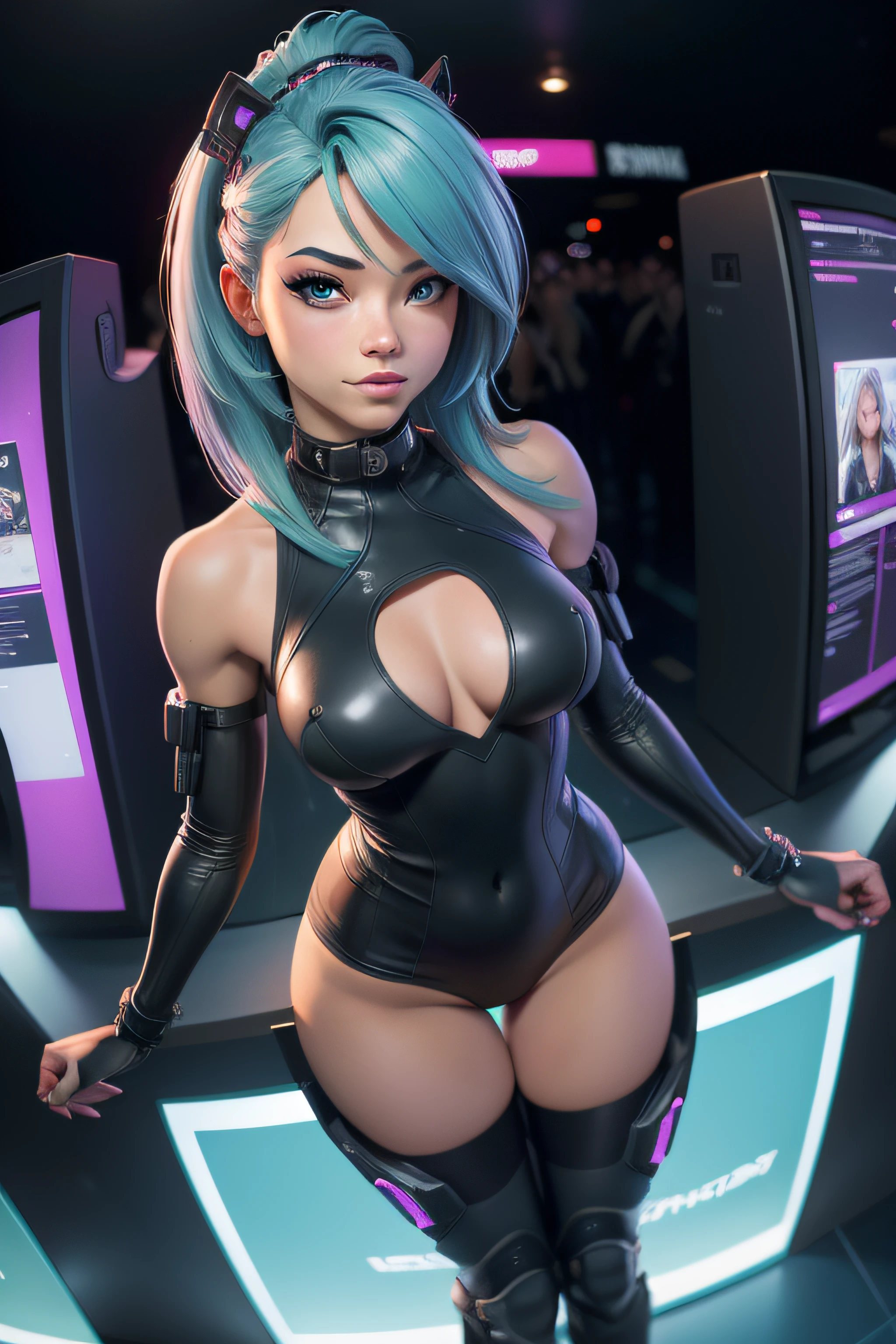 Beautiful girl looking at the camera, ((Photo fisheye)), Perfect detailed face, Cyberpunk blurry background, Tenue sexy futuriste de cybersoldat, Underwear Detailed Muscles Realistic Masterpiece Medium, mamelons durs saillants, ecchi, Kristin Kreuk sexy cyborg ta,Map from above, Des jambes parfaites, Bras parfaits yeux parfaits, ((longs cheveux bruns avec 2 queues de cheval)), Green wide-eyed