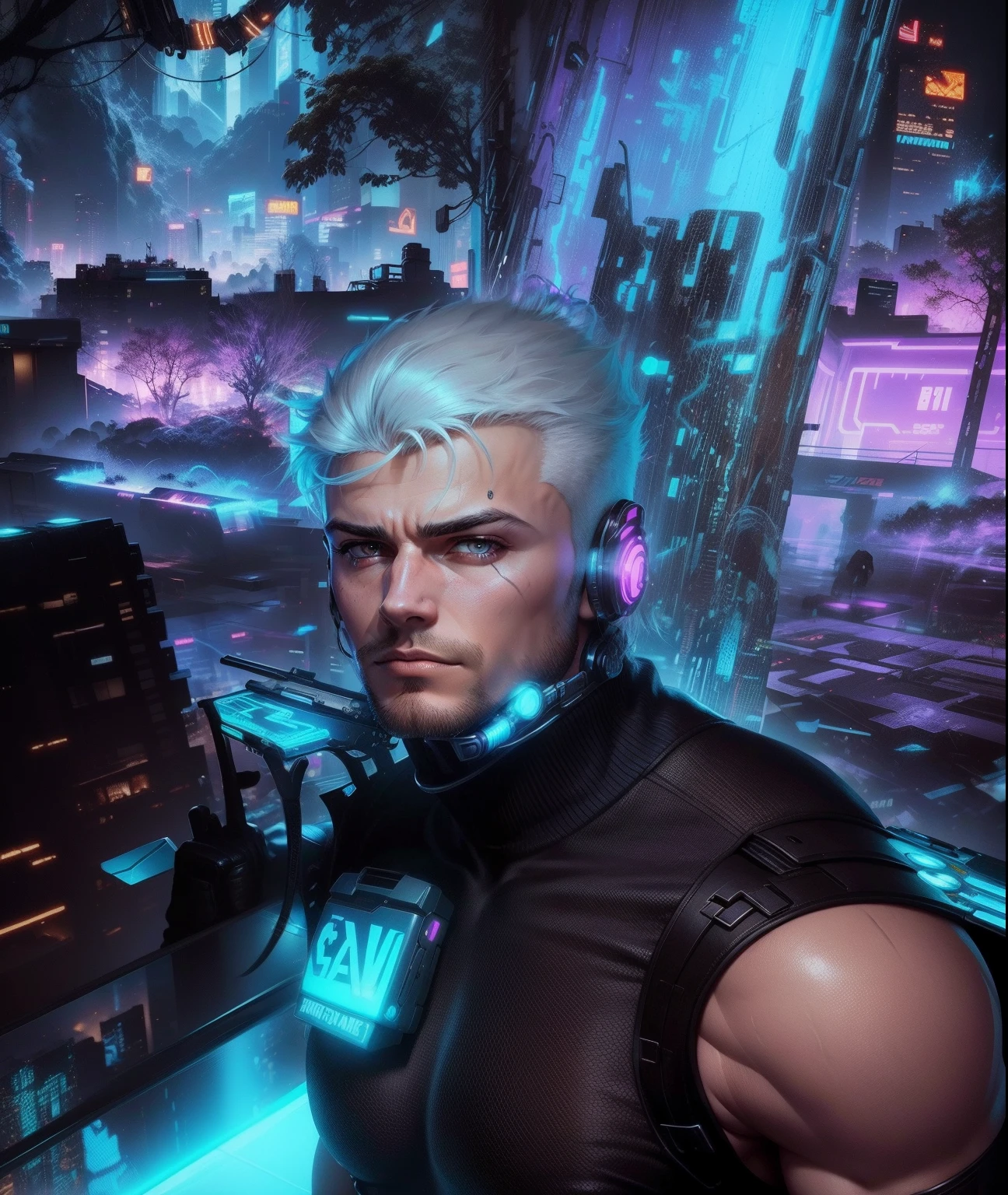cyberpunk, handsome male man on front, change background to sexy girls big breast,