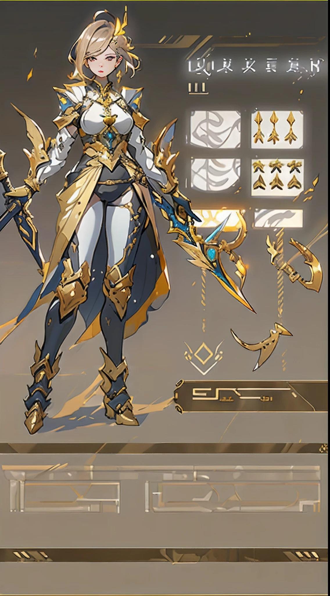 Design a layout showcase Gaming character, (1girl). Golden+Purle clothes, stylish and unique, ((showcase weapon:1.4)), magic staff, (masterpiece:1.2), (best quality), 4k, ultra-detailed, (Step by step design, layout art:1.5), (luminous lighting, atmospheric lighting), Final Fantasy style, magican, ((glove full hands)), fran, viera, (((revealing clothes:1.3))), vambraces, armored legwear, (((full_body_shot:1.4))), Niji