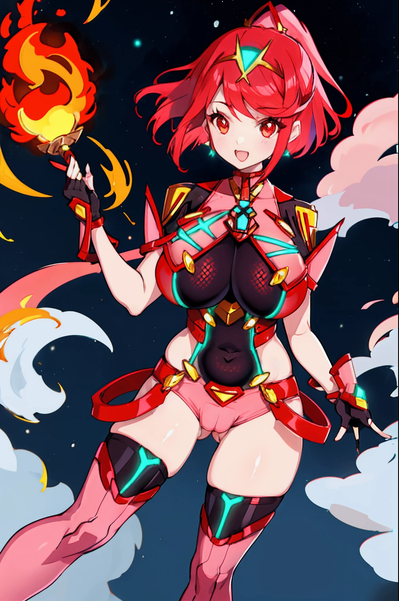 pyra \(xenoblade\), teen_1girl, loli, armor, bangs, black gloves, breasts, red eyes, light_open_mouth, earrings, eyelashes, fingerless gloves, floating hair, framed breasts, gem, gloves, hair ornament, headpiece, jewelry, big_breasts, leaning back, leotard, neon trim, official art, pose, red hair, red shorts, saitou masatsugu, short hair, short shorts, short sleeves, shorts, sidelocks, skin tight, solo, standing, swept bangs, thighhighs, tiara, night_prairie_background, turtleneck, underbust, vambraces, xenoblade chronicles \(series\), (xenoblade chronicles 2), (spread_legs:1.1), fire_effect,dynamic_pose,fighting,light_smile, (plump:1.4), big_ass,huge_sword, hold_large_sword_hilt, scovered_nipples, (covered_pussy:1.2),cameltoe,back_view, fists,ponytail,plump,beautiful_fingers,(solo:1.1),